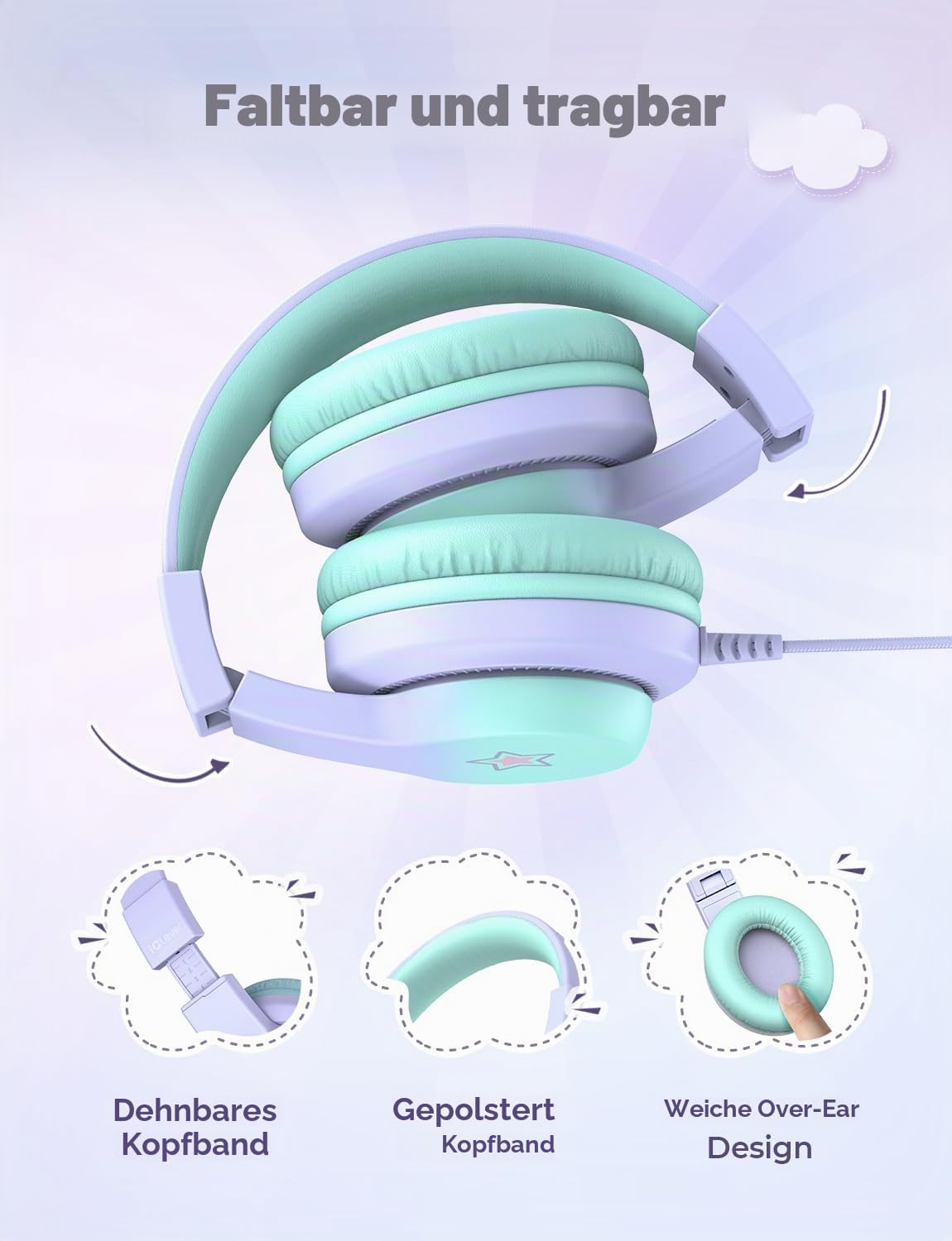 Detalle de iClever Kinder Kopfhörer HS19S mit Kabel – sichere Lautstärke bis 85 dBA, Over-Ear & klappbar (3,5-mm)