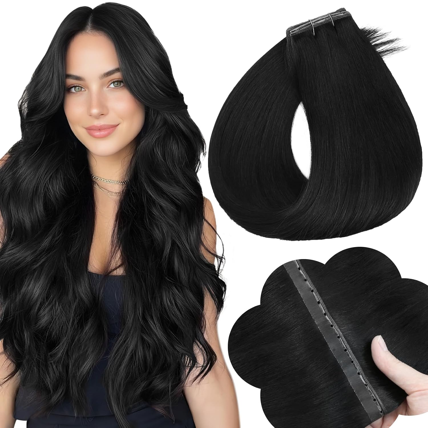 Detalle de Full Shine Butterfly Weft Hair Extensions Human Hair 16 Inch 50G (Off Black) – Silky Straight Volume, Invisible PU Hole Design