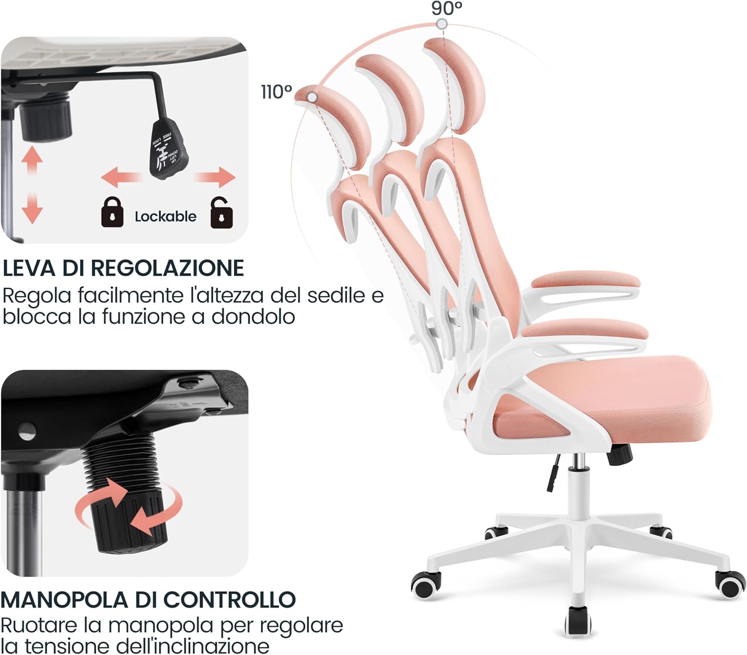 Detalle de Yaheetech Sedia Ufficio Ergonomica con Braccioli Poggiatesta Regolabile e Schienale Alto – Lounge, Scrivania e Dondolo in Rete Traspirante