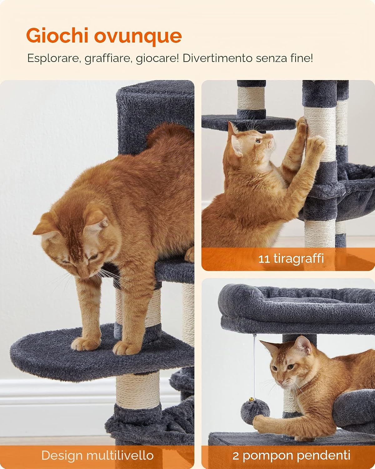 Thumbnail 6 de Feandrea Albero per Gatti Alto 112 cm, Tiragraffi Multilivello con 11 Pali, 2 Posatoi, Grotta, Amaca e Pompon – Grigio Fumo