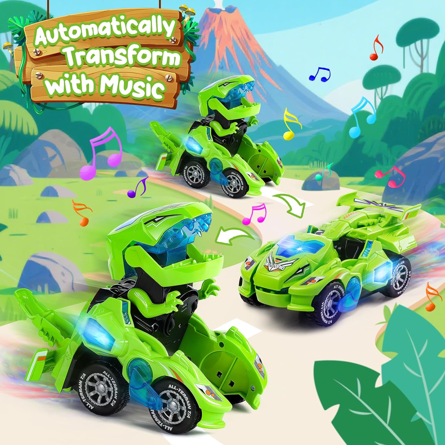 Thumbnail 1 de Yellcetoy Dinosaur Transforming Car (Automatic Dino Car Toy) with Flashing Lights & Sound – Green