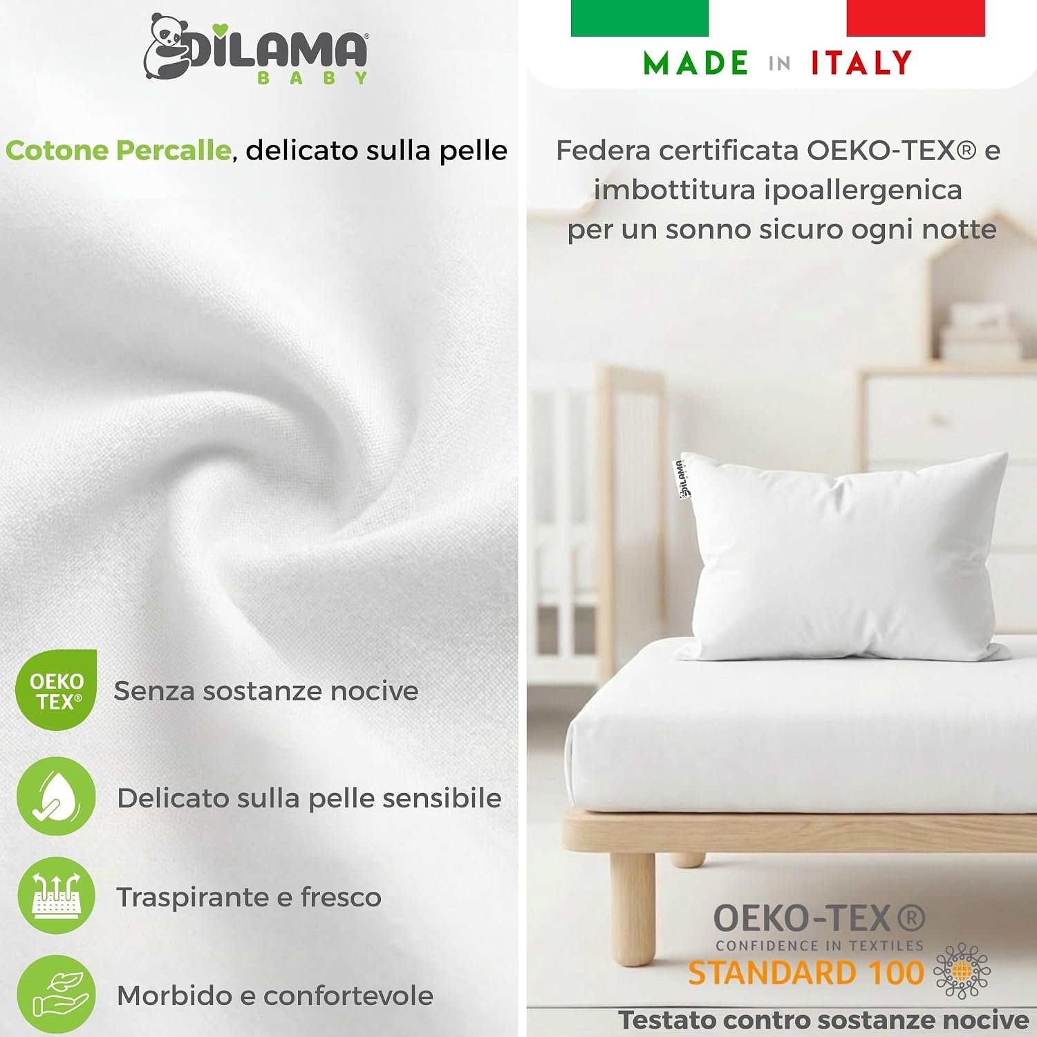 Detalle de Dilamababy Cuscino Lettino Bambino 40x60 Regolabile in Altezza – 100% Made in Italy