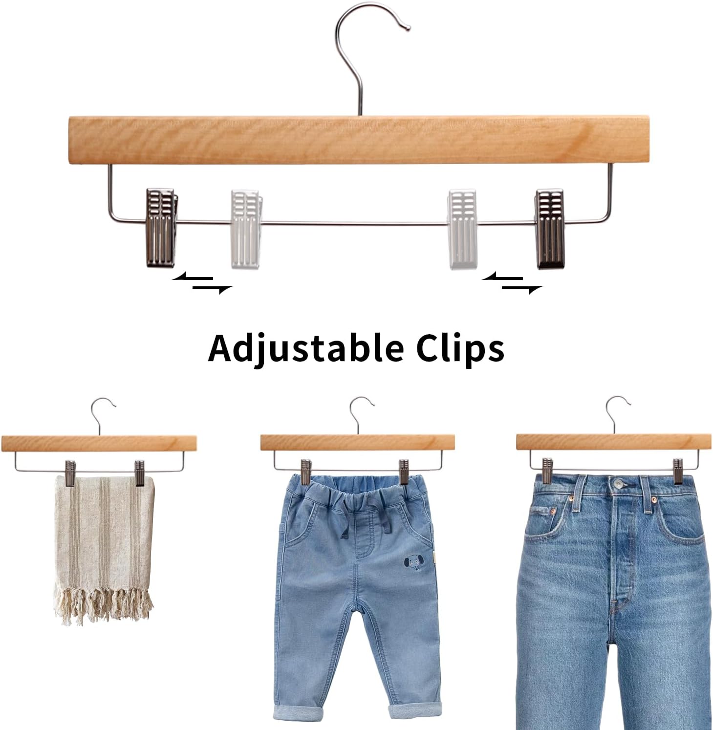 Detalle de LANSHINE 35,5 cm Hosenbügel aus Naturholz – 20er-Pack mit verstellbaren Anti-Rutsch-Clips