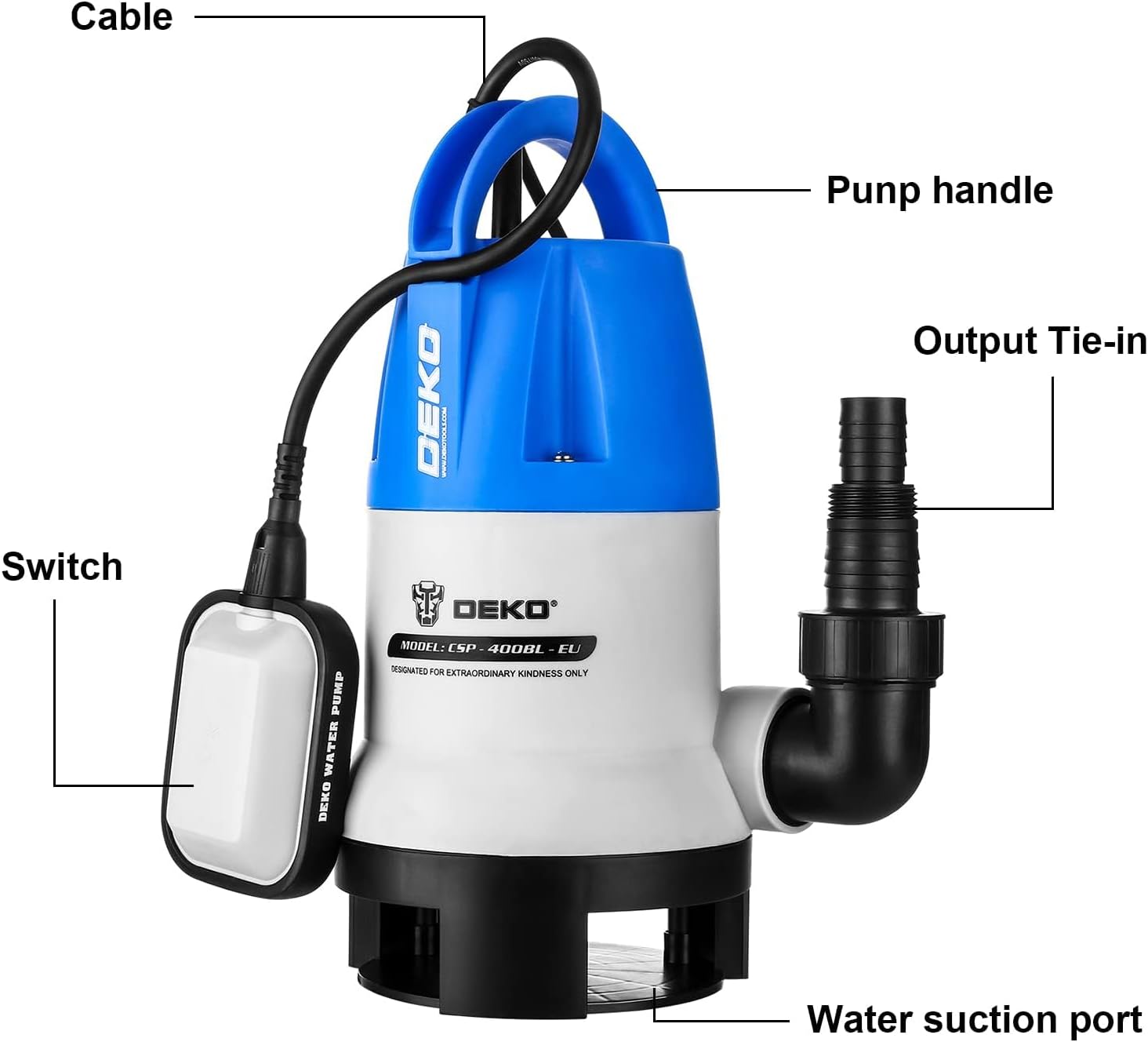 Thumbnail 5 de DEKO Pompa sommergibile portatile 400W 8000 L/h con galleggiante—scarico per vasca, piscina e laghetto