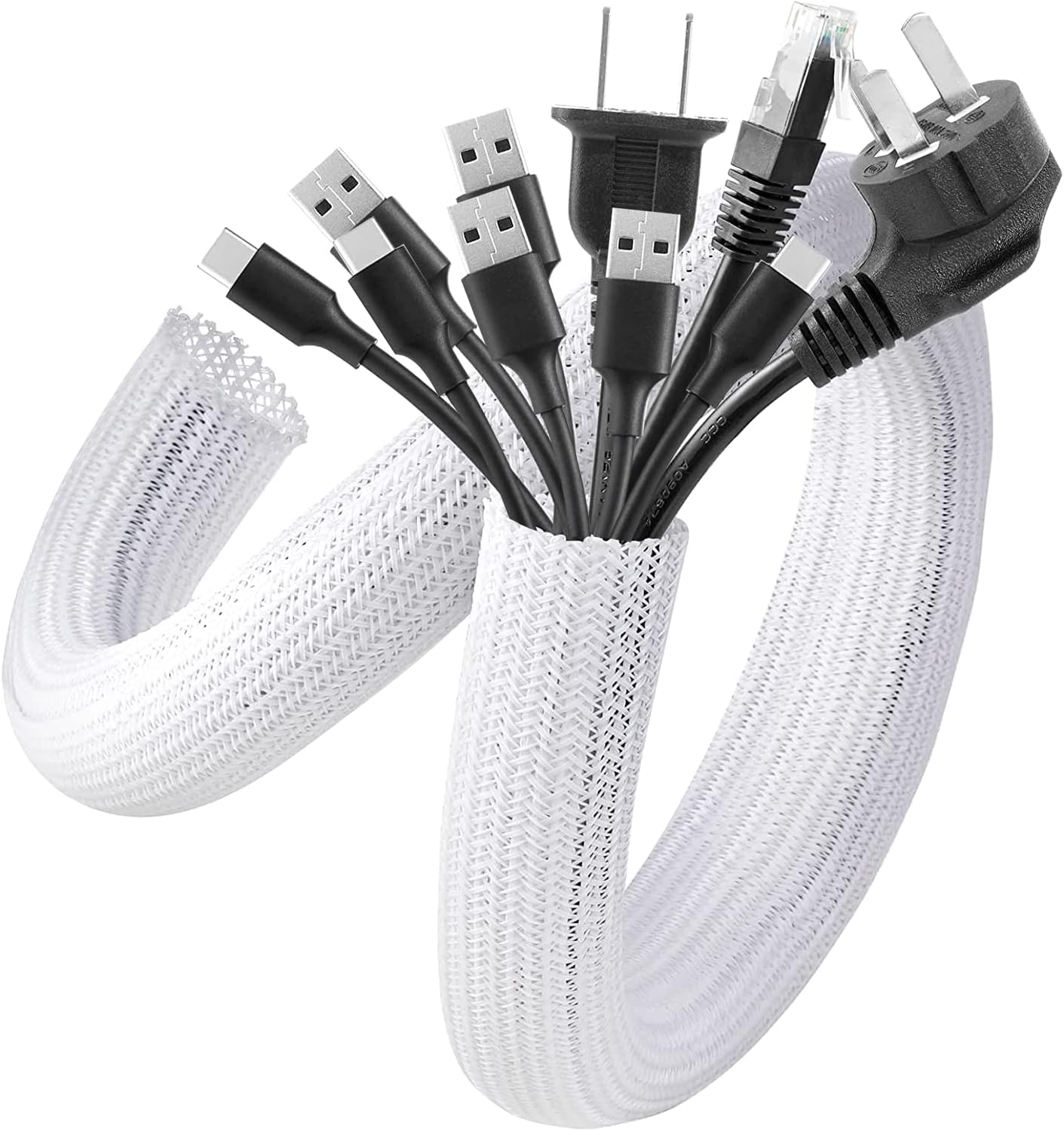 Cable Sleeve Cover (10ft) for Under-Desk Cable Management, 1–1.5 inch, White