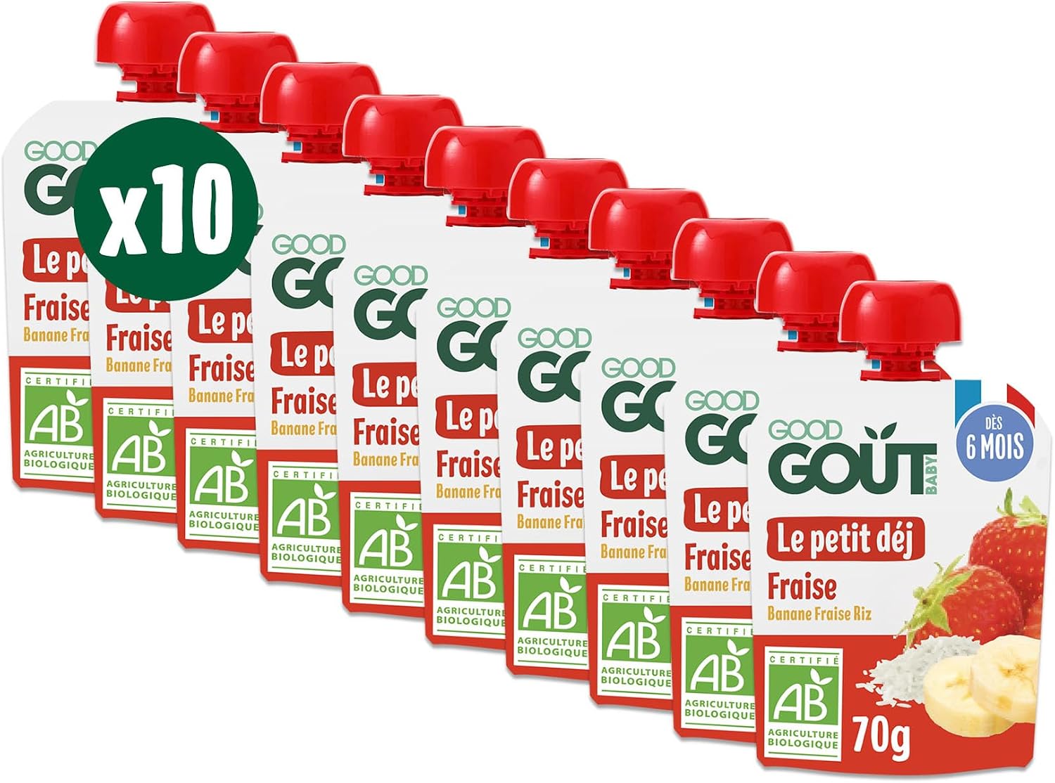 Detalle de GOOD GOÛT Petit Déj Fraise – Gourde bébé dès 6 mois, format nomade, sans sucres ajoutés, 10x70 g