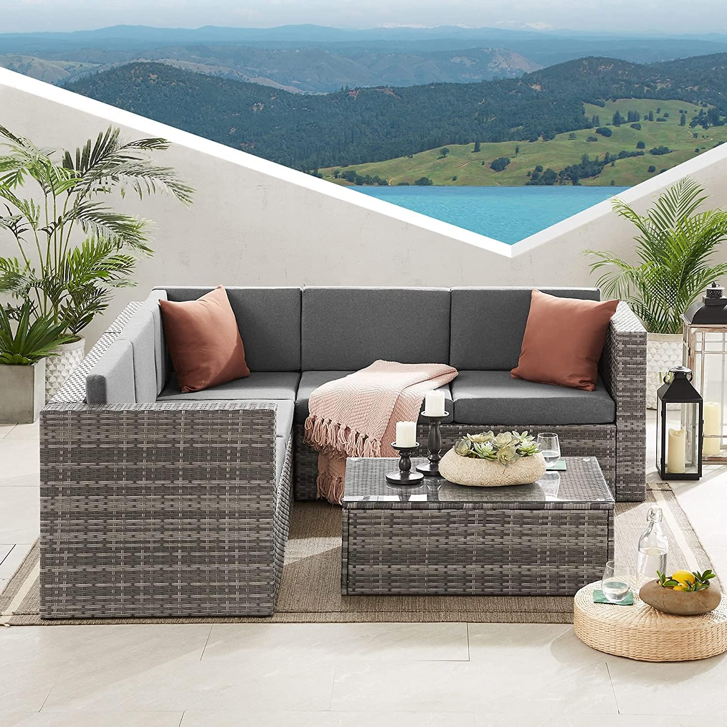 Thumbnail 1 de EVRE Monaco Rattan Garden Furniture Set: 6 Piece Outdoor Lounge with Convertible Table