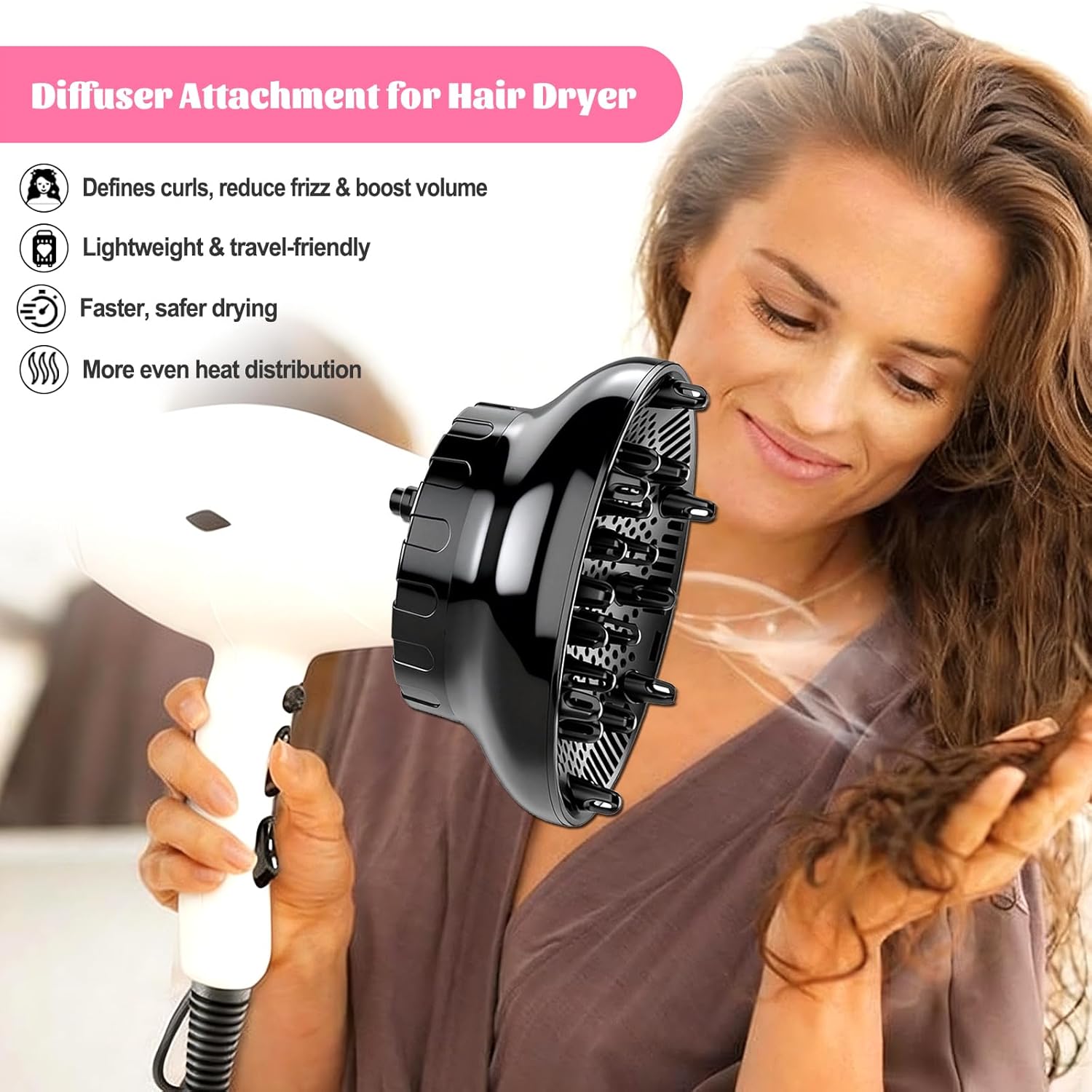 Detalle de Universal Hair Diffuser for 1.4"-3.1" Blow Dryers (Black) — Fits Most Nozzles, Reduces Frizz & Defines Curls