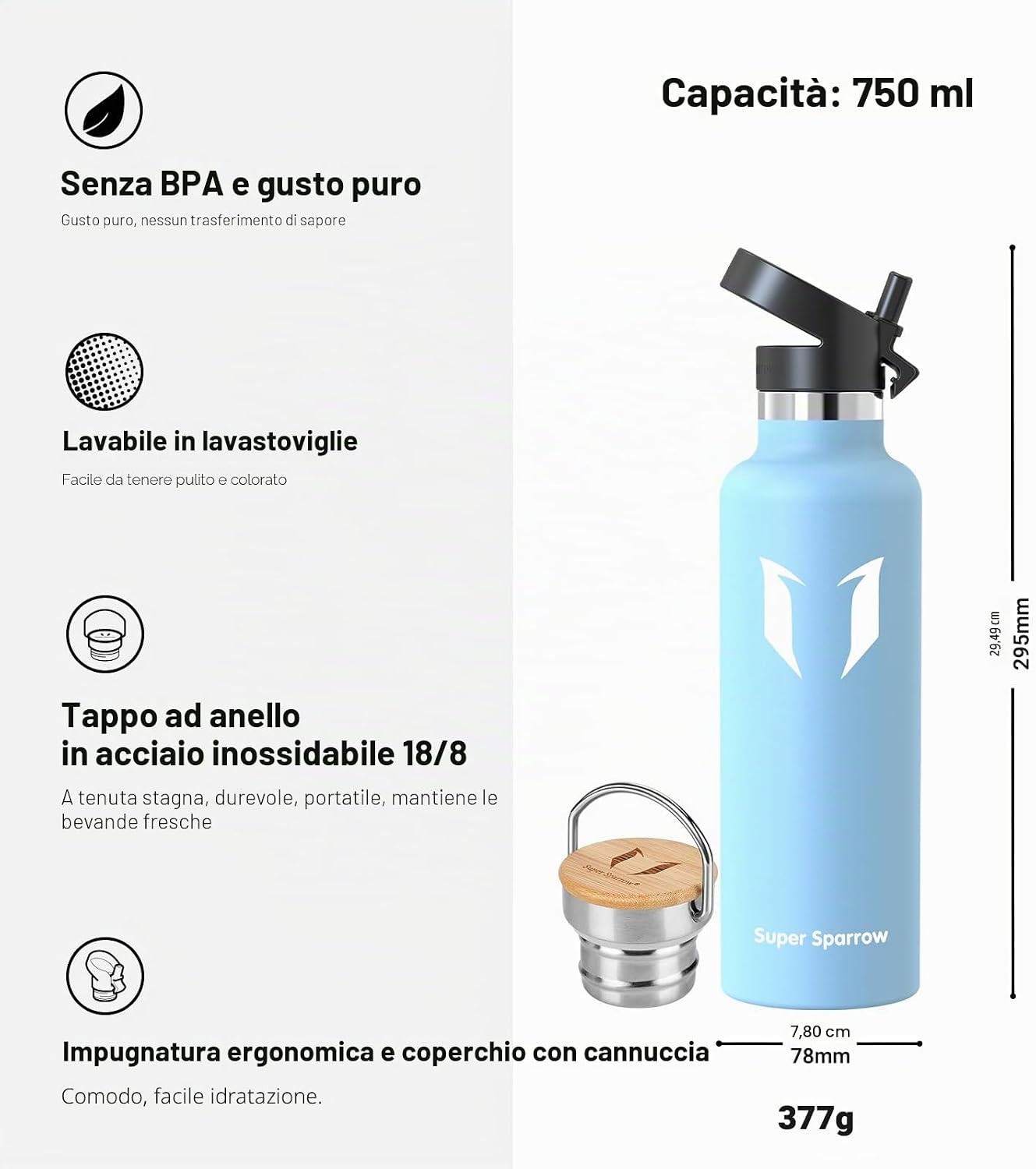 Detalle de Super Sparrow Borraccia Termica 750 ml – Borraccia senza perdite, BPA-free, con 2 tappi