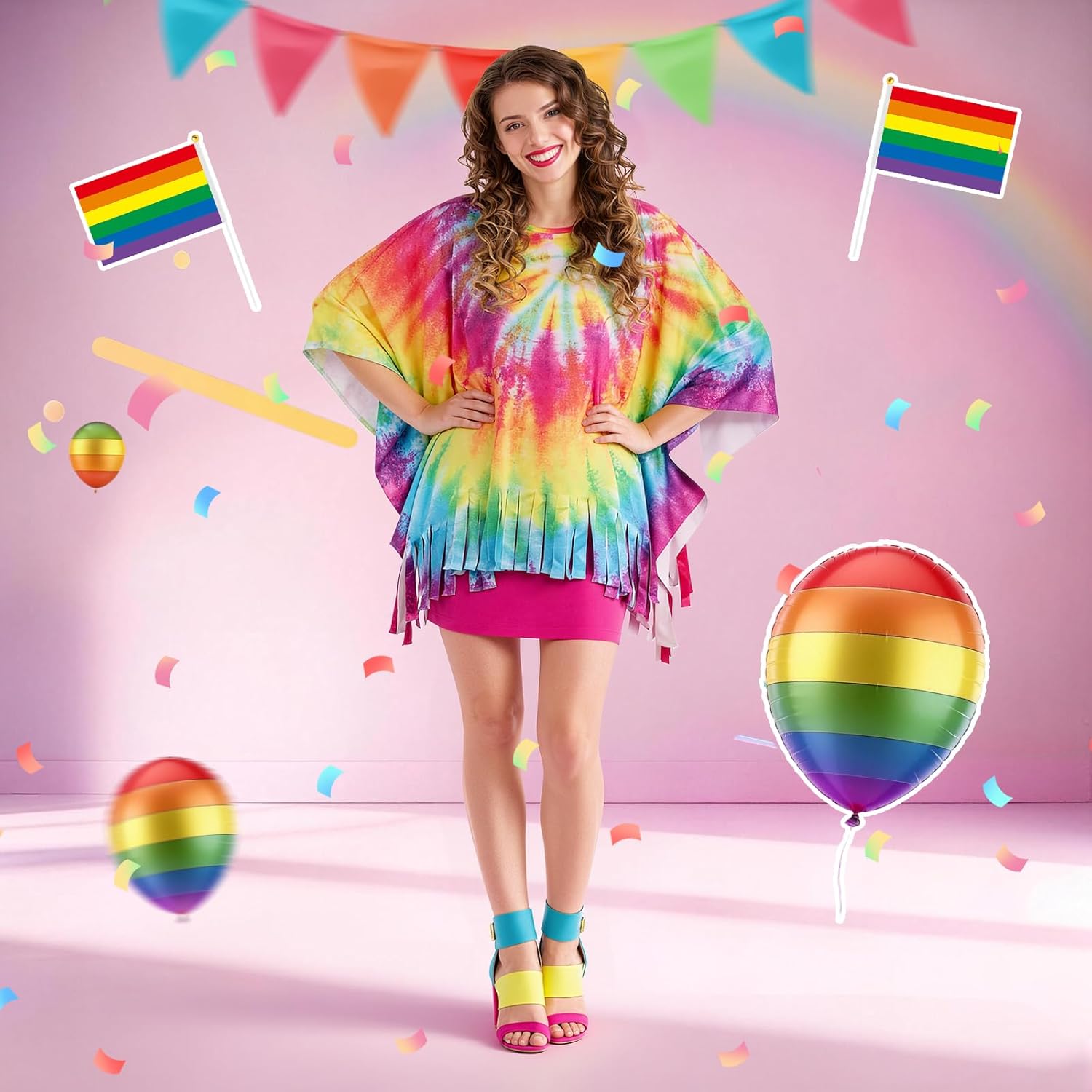 Detalle de Hippie-Kultur Hippie-Umhang & Festival-Accessoires Set im Batik-Look für Karneval und Party