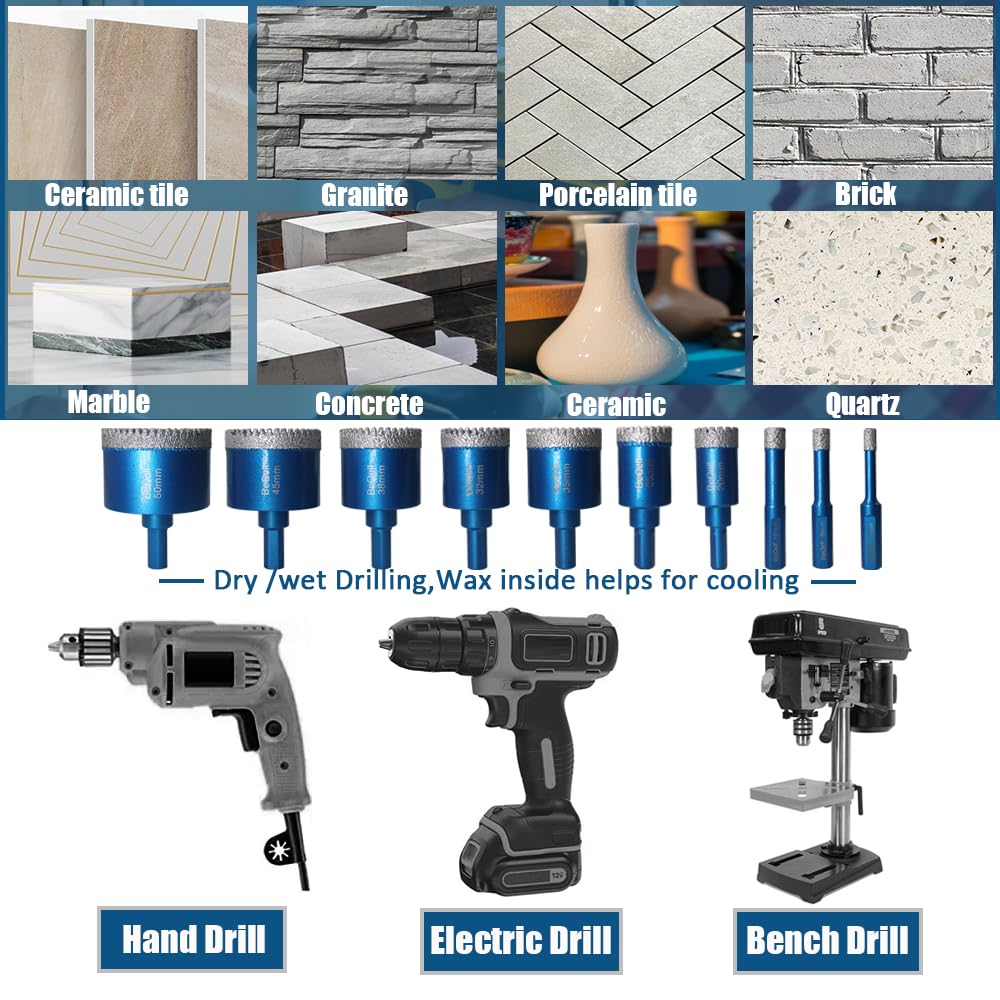 Detalle 2 de BeQell 10-Piece Diamond Hole Saw Kit for Tile and Stone, Triangle Shank