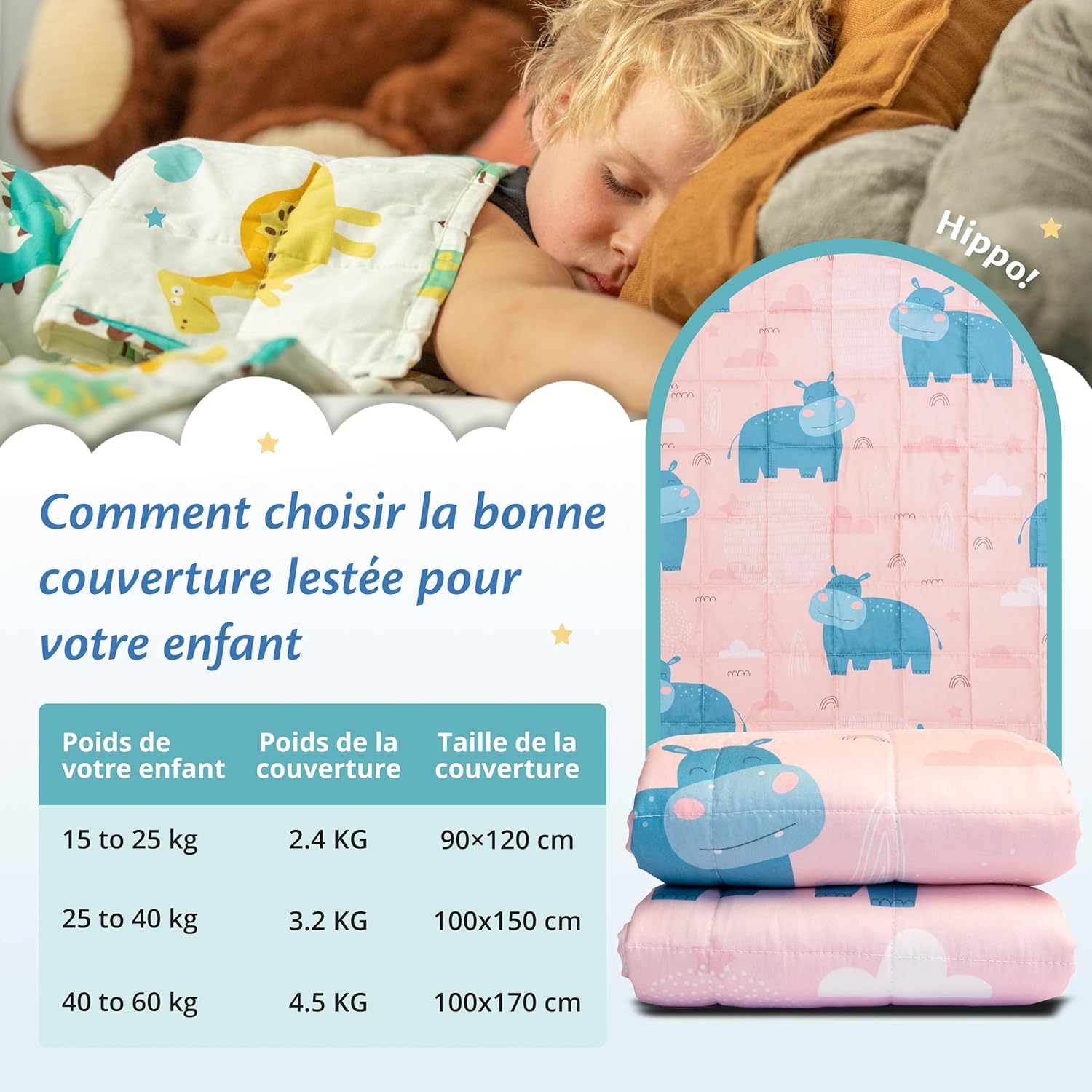 Thumbnail 2 de Ella Couverture lestée enfant Hippo 3,2 kg (100 x 150 cm) aux perles de verre hypoallergéniques