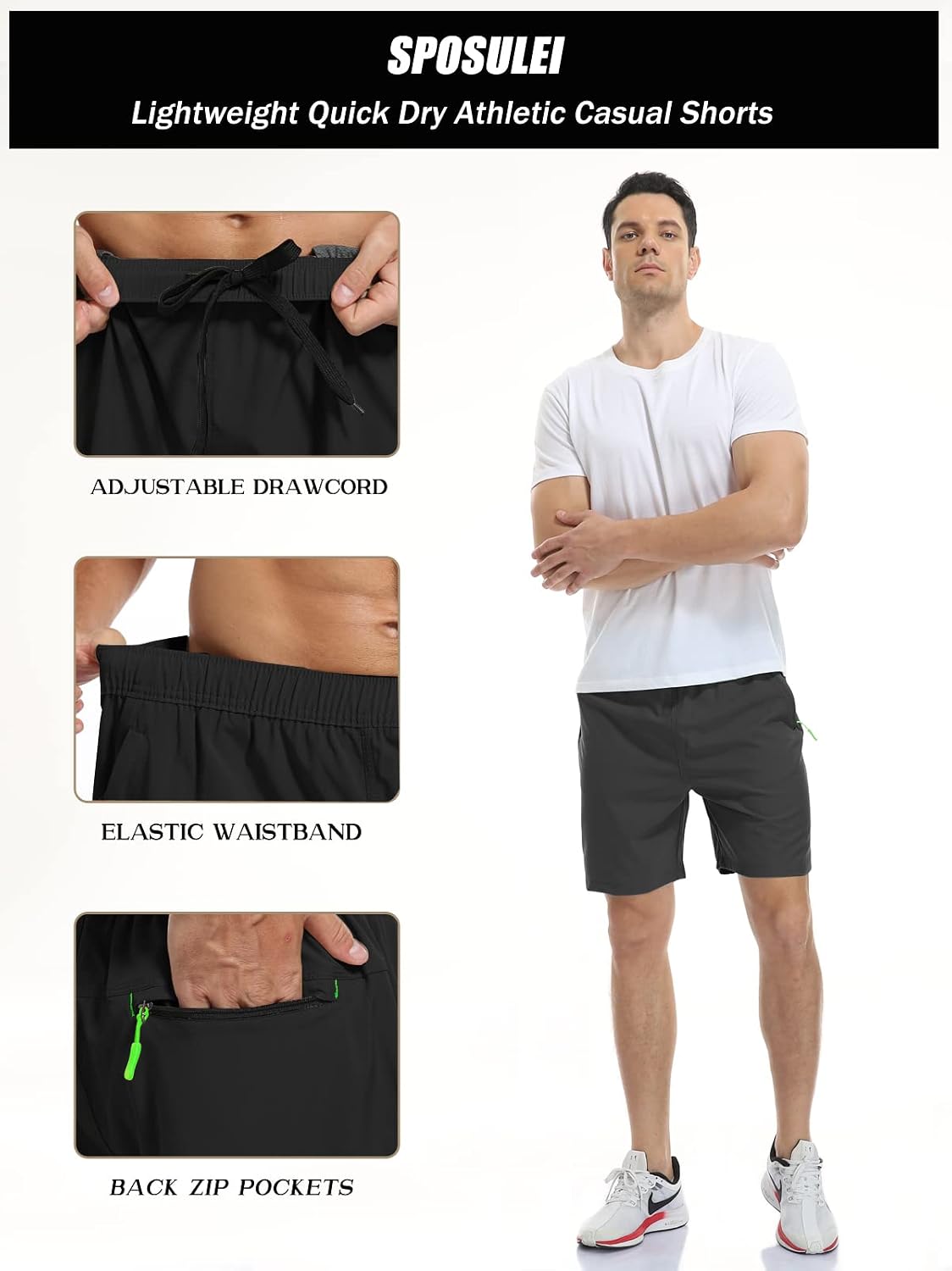 Detalle de SPOSULEI Men’s Athletic Hiking Shorts: Water-Resistant Quick-Dry with Zipper Pockets