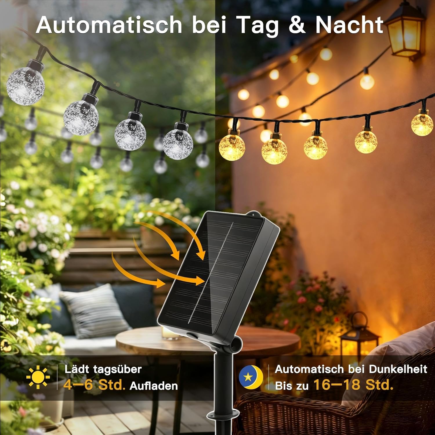 Detalle de Hopexy Solar Lichterkette Außen – 10 m, 100 LEDs, IP65/IP44, 8 Modi, Warmweiß