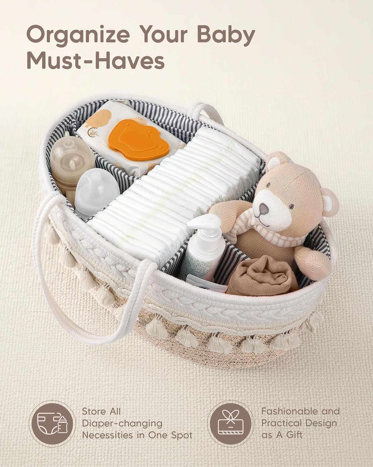 Thumbnail 4 de Maliton Baby Windel Caddy Organizer – Boho Wickeltisch Aufbewahrung 45×27×18 cm