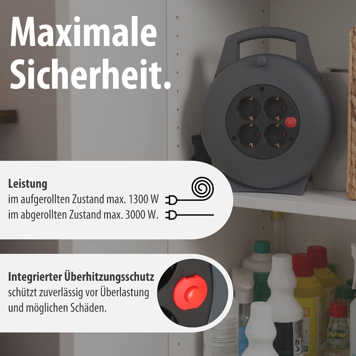 Detalle de Brennenstuhl Vario Line Kabelbox 4-fach / Mini-Kabeltrommel Indoor, 10 m Kabel, anthrazit