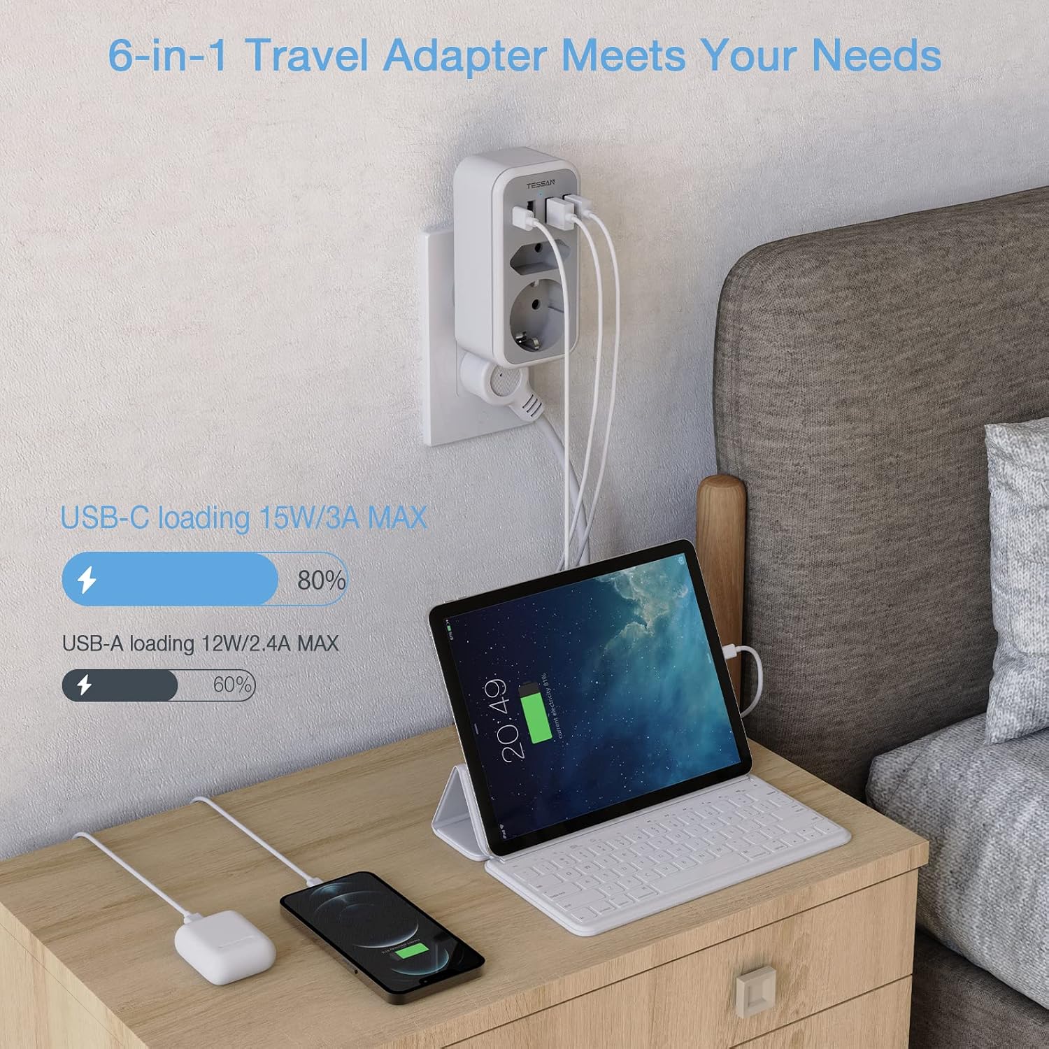 Thumbnail 5 de Adattatore presa Americana 6 in 1 di TESSAN: 1 USB-C, 3 USB e 1 presa AC/US con indicatore luminoso