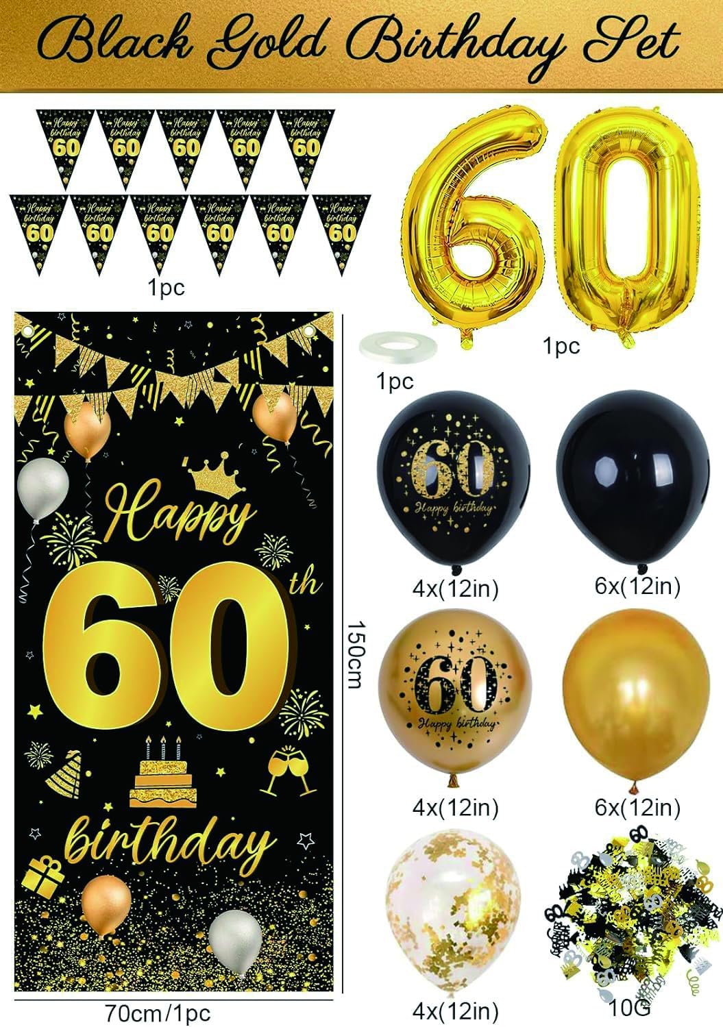 Detalle de 60th Birthday Decorations for Women and Men — Black & Gold Theme with 60 Balloons