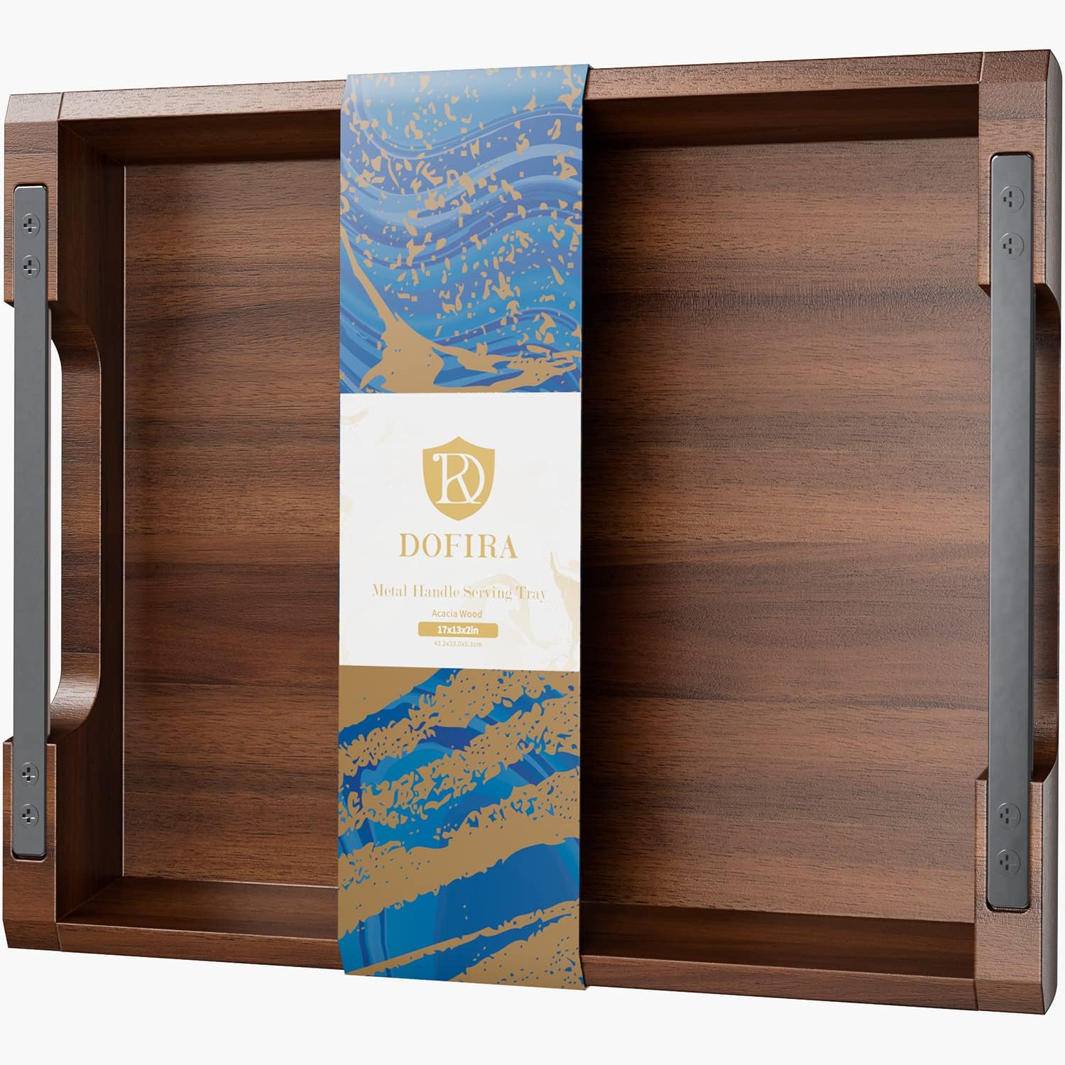 Detalle de Dofira Acacia Wood Serving Tray with Metal Handles (17x13in)