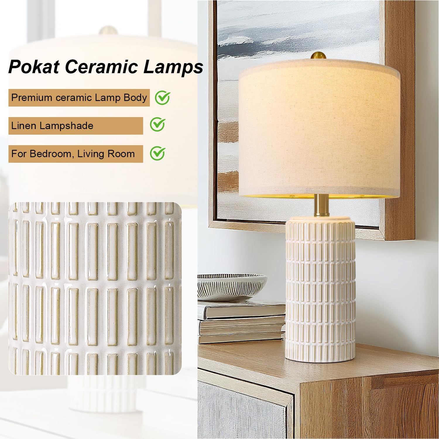 Detalle 2 de PoKat 20.75" Small Ceramic Table Lamps (Set of 2) for Bedroom, White Bedside Nightstand Lamps
