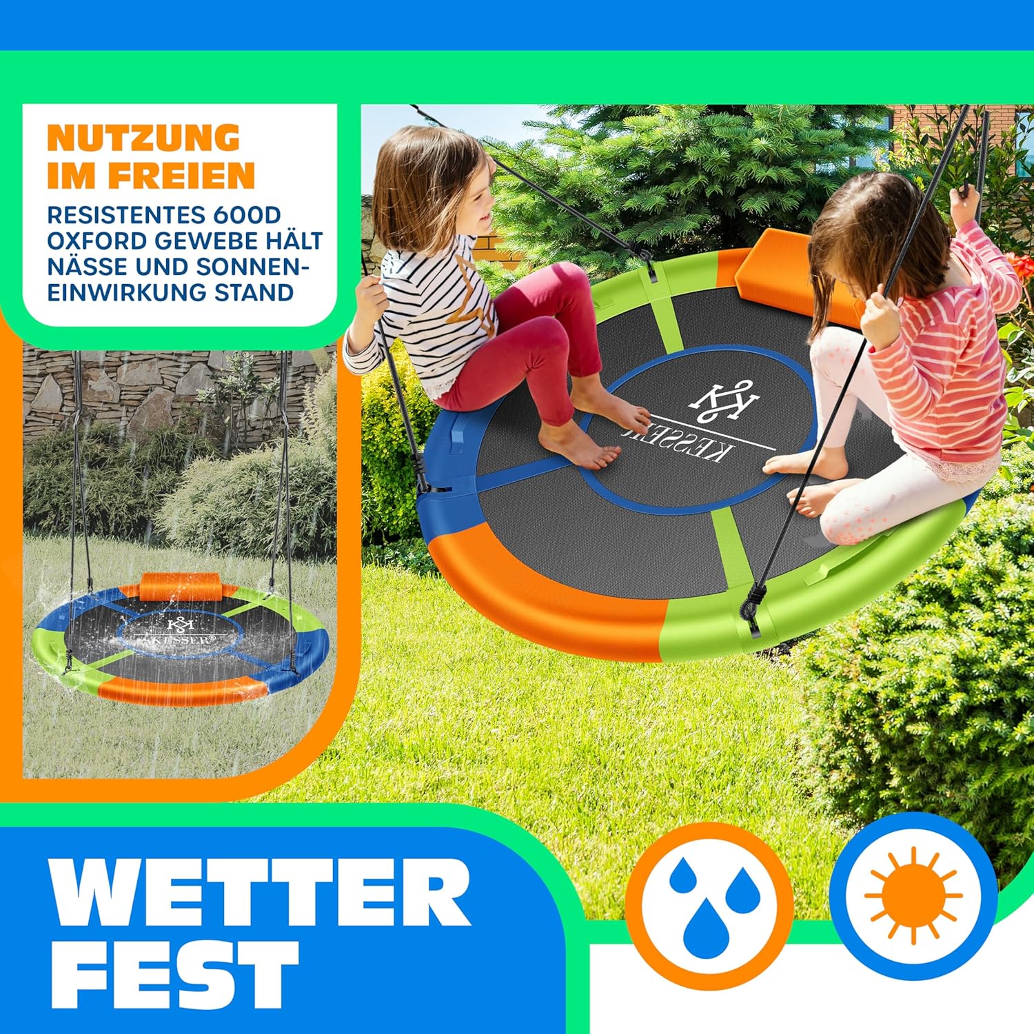 Detalle 2 de KESSER Nestschaukel Tellerschaukel Ø120 cm – Rundschaukel mit Kissen, 4 Griffen, bis 300 kg belasten, Indoor & Outdoor