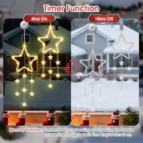 Detalle 2 de Dankeled LED Sterne Weihnachtsbeleuchtung – 2er Fenster-Lichterkette mit Timer, warmweiß, 8 Modi