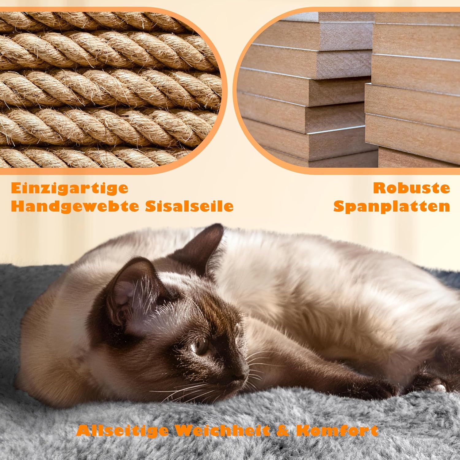 Detalle de Yaheetech 158 cm Kratzbaum für Katzen mit Hängematte, 5 Kratzsäulen & 2 Höhlen – FSC-zertifiziert, kippsicher