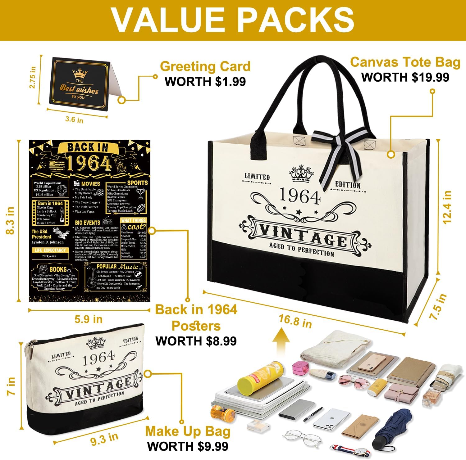Thumbnail 5 de YeohJoy 62nd Birthday Gift Set Tote Bag with Cosmetic Bag & “Back in 1964” Poster