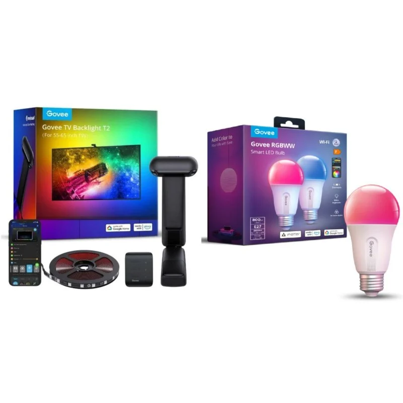 Detalle de Pack Tira LED Govee H605C Envisual TV Backlight T2 + Bombilla Govee RGBWW Smart LED Bulb