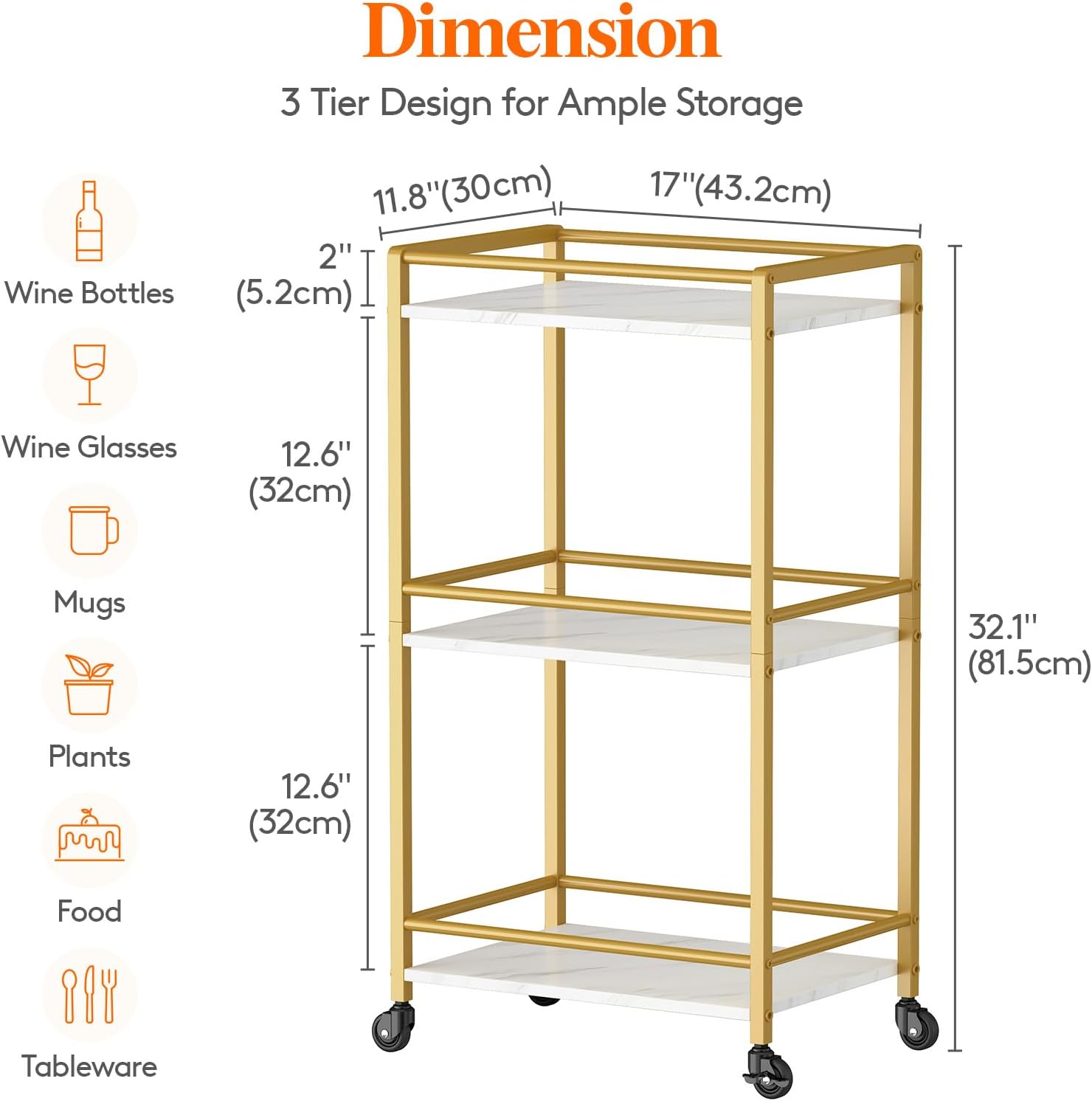 Detalle de Lifewit 23055 3-Tier Kitchen Trolley with Lockable Wheels, Gold