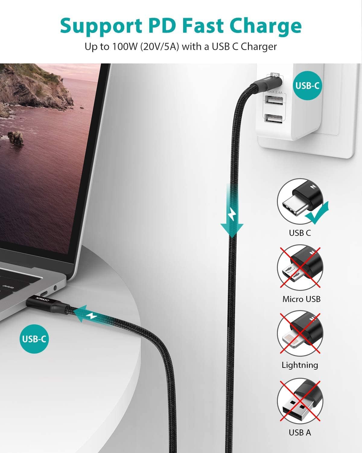 Thumbnail 1 de NIMASO USB-C 3.1 Gen 2 Cable (6.6ft) 10Gbps Data Transfer, 4K@60Hz DP Alt Mode, 100W PD Charging