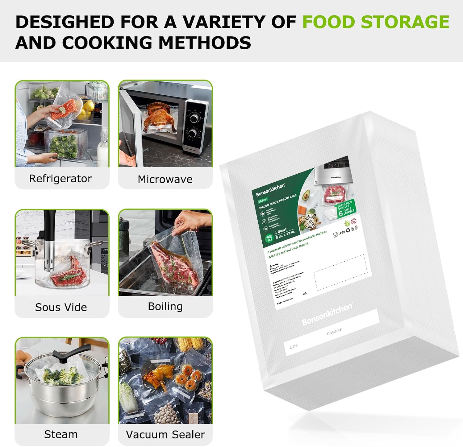 Detalle de Bonsenkitchen VB3208 Vacuum Sealer Bags, 8" x 12", 200 Count, BPA-Free