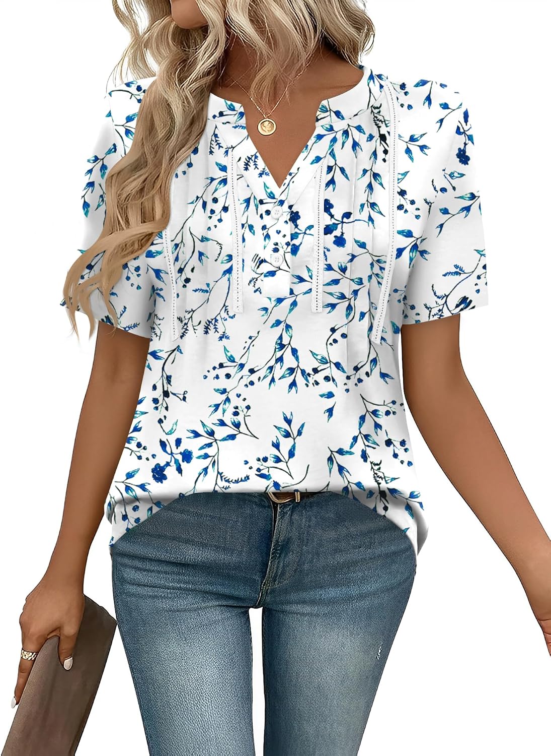 Thumbnail 6 de IECCP Women Tops Short Sleeve Button Dressy Tunic – V‑Neck Pleated Casual Tee
