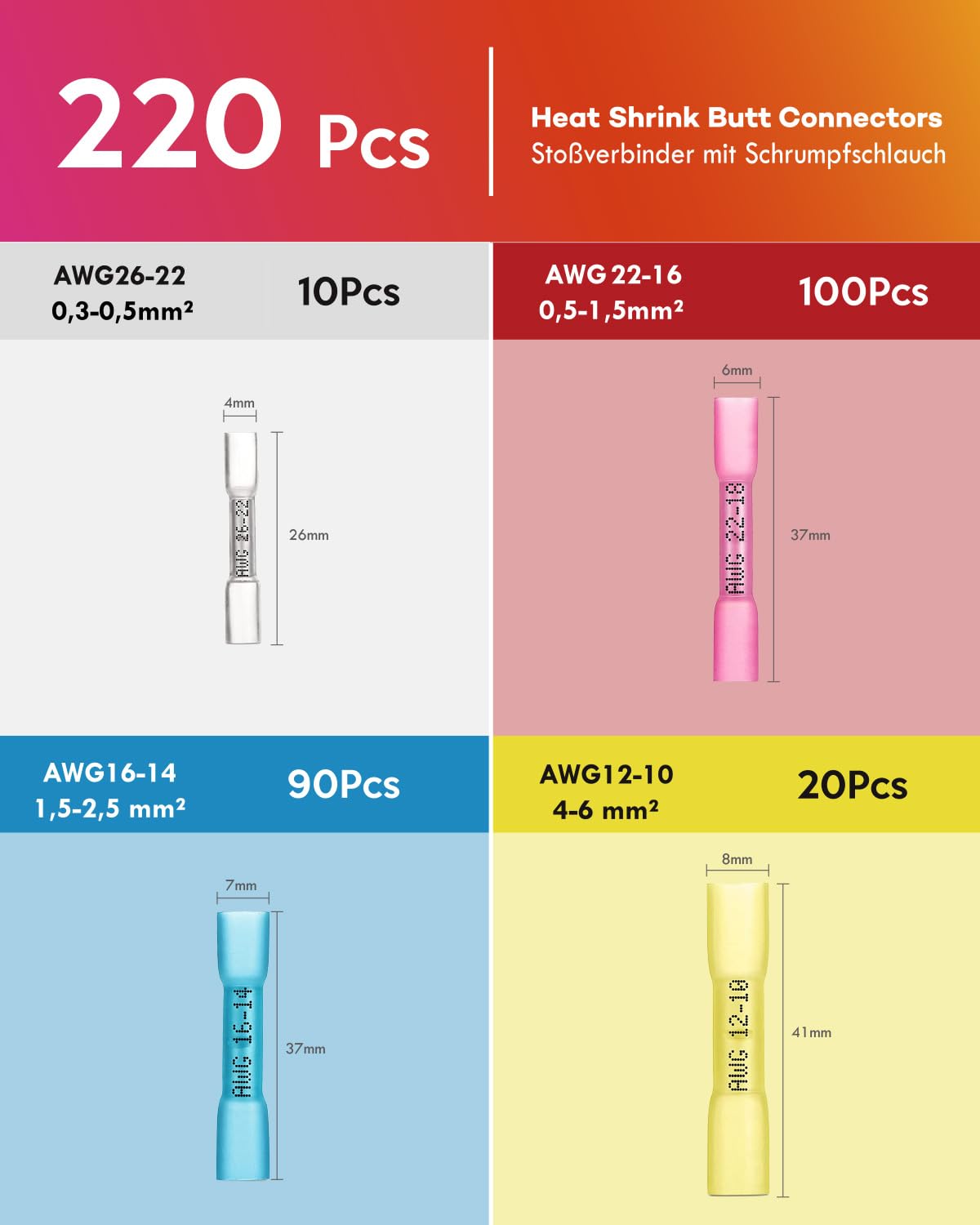 Detalle 2 de Gorffy Stoßverbinder 220 Stück – Schrumpfverbinder Set 26-10 AWG, wasserdicht, farbcodiert