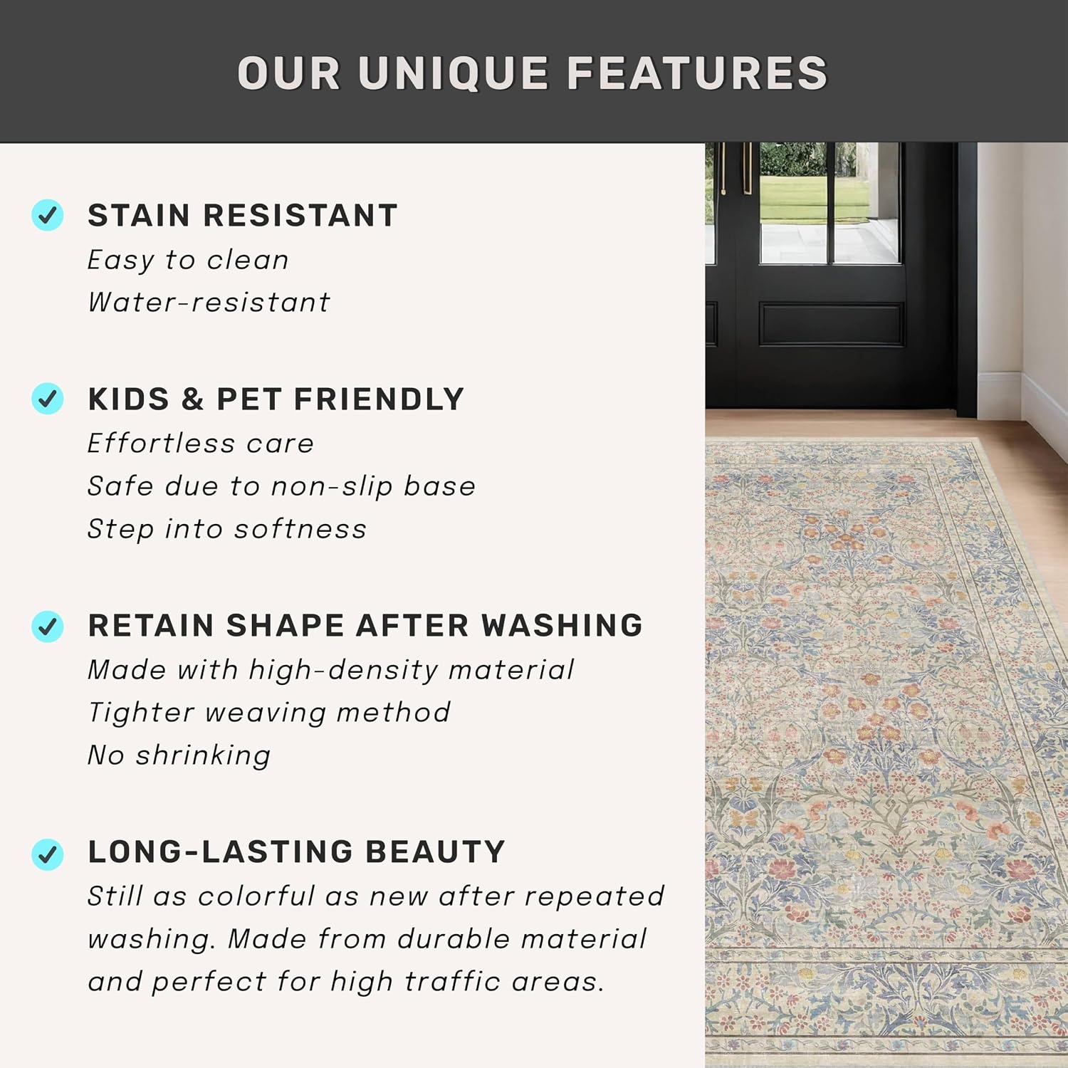 Thumbnail 6 de 8x10 Washable Rug for Living Room – Vintage Floral, Non-Slip, Low-Pile (Beige/Blue)