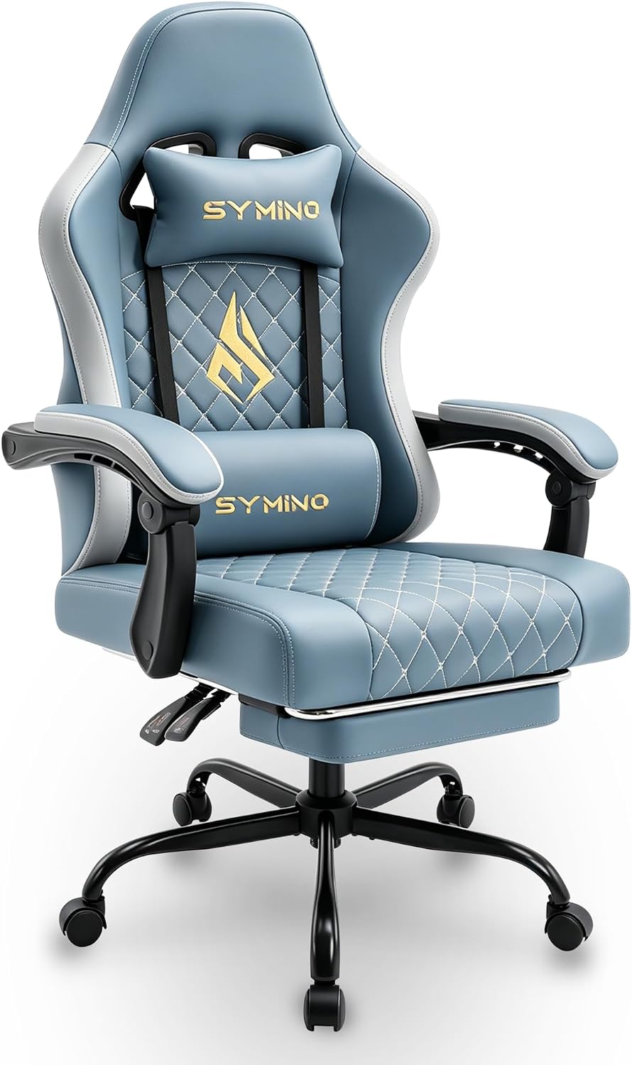 Detalle de Symino FZ001 gamingstoel met lendenkussen, voetensteun en rugleuning tot 155°