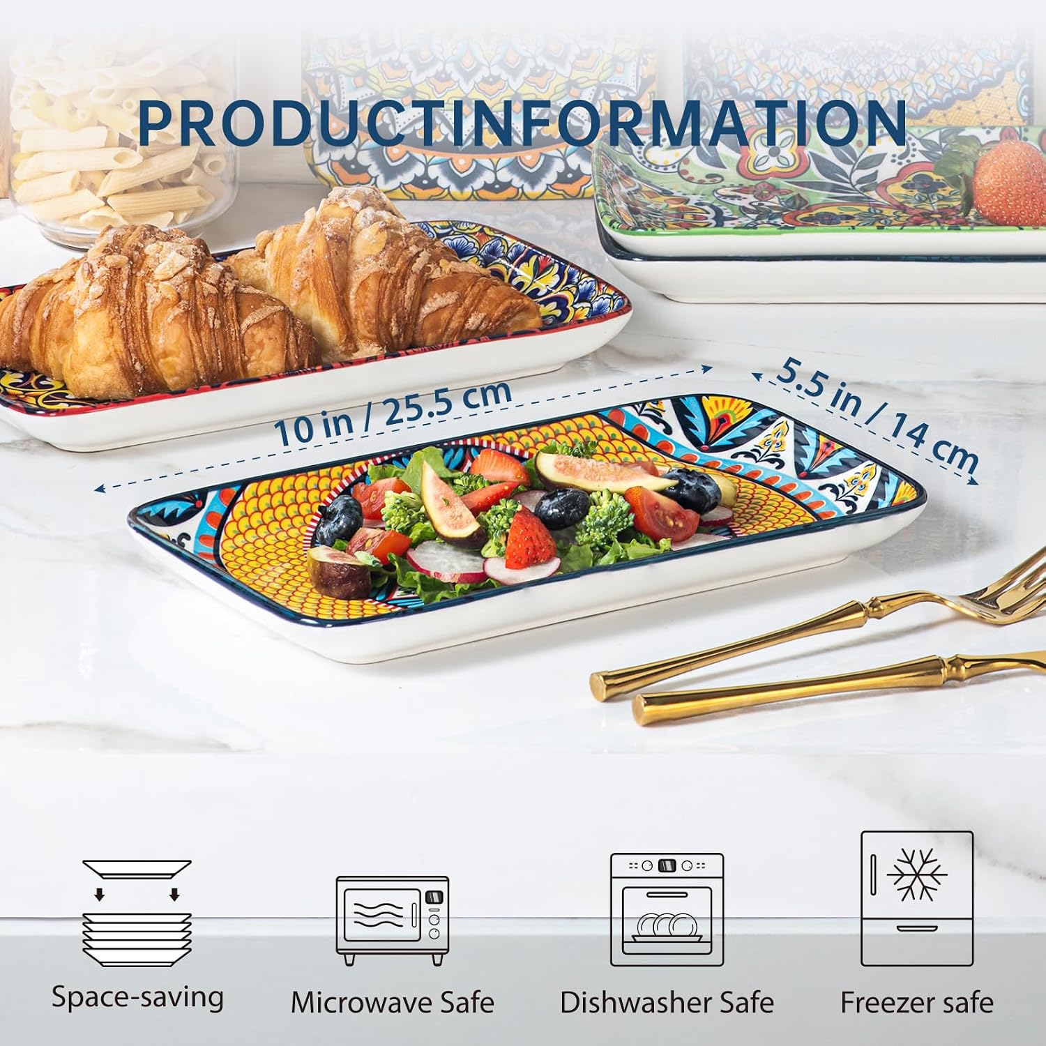 Detalle de HENXFEN LEAD Porcelain 10-Inch Rectangular Serving Plates – Bohemian Floral Colour Set