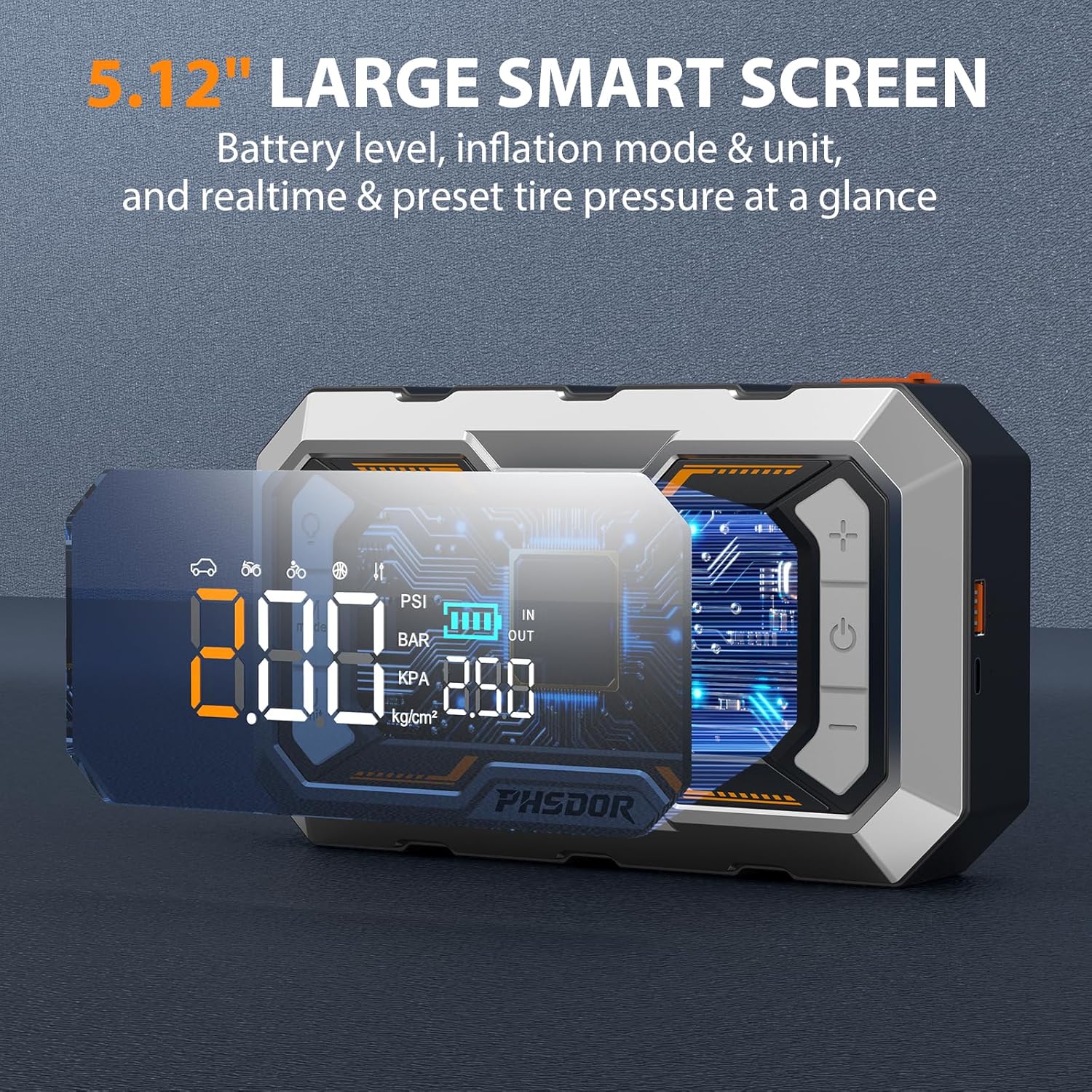 Thumbnail 6 de 8000A Jump Starter Power Pack with Air Compressor (25000mAh, 150 PSI) by 8000A – Silver & Orange