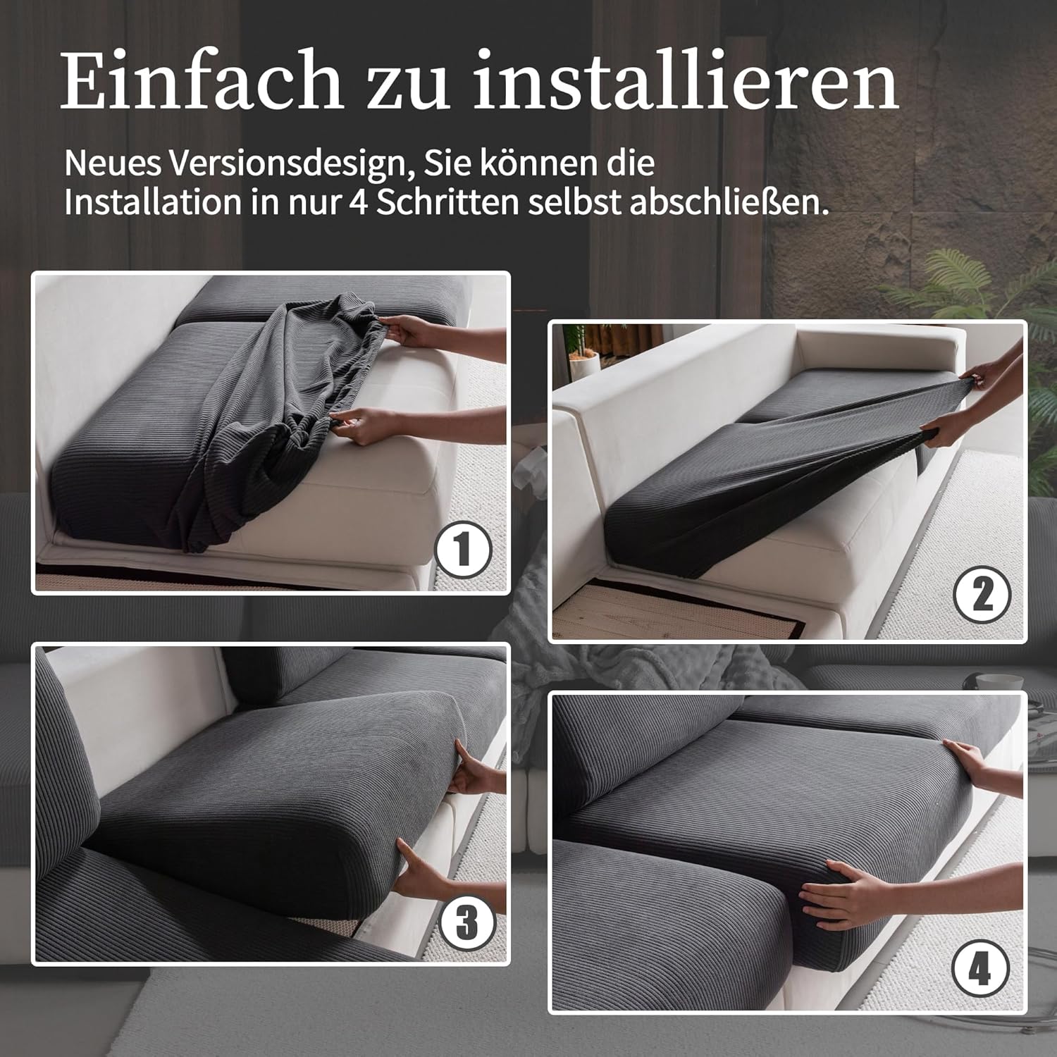 Thumbnail 6 de OHSIO Stretch Sofa Sitzkissenbezug für Chaiselongue – rutschfester, waschbarer Sofabezug in Dunkelgrau
