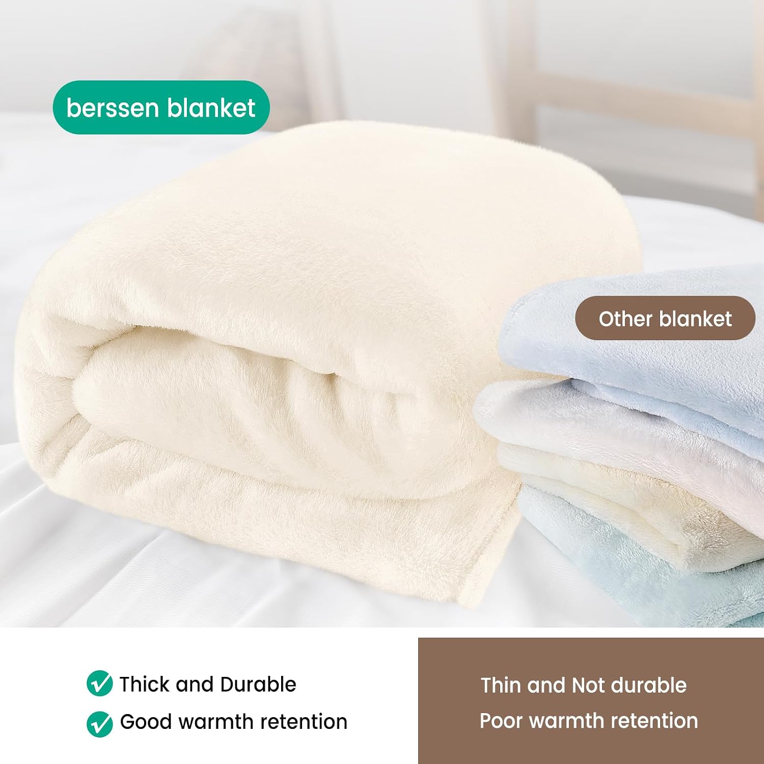 Detalle de berssen Plaid couverture polaire / flanelle en microfibre 200x230 cm, jeté de canapé beige et blanc