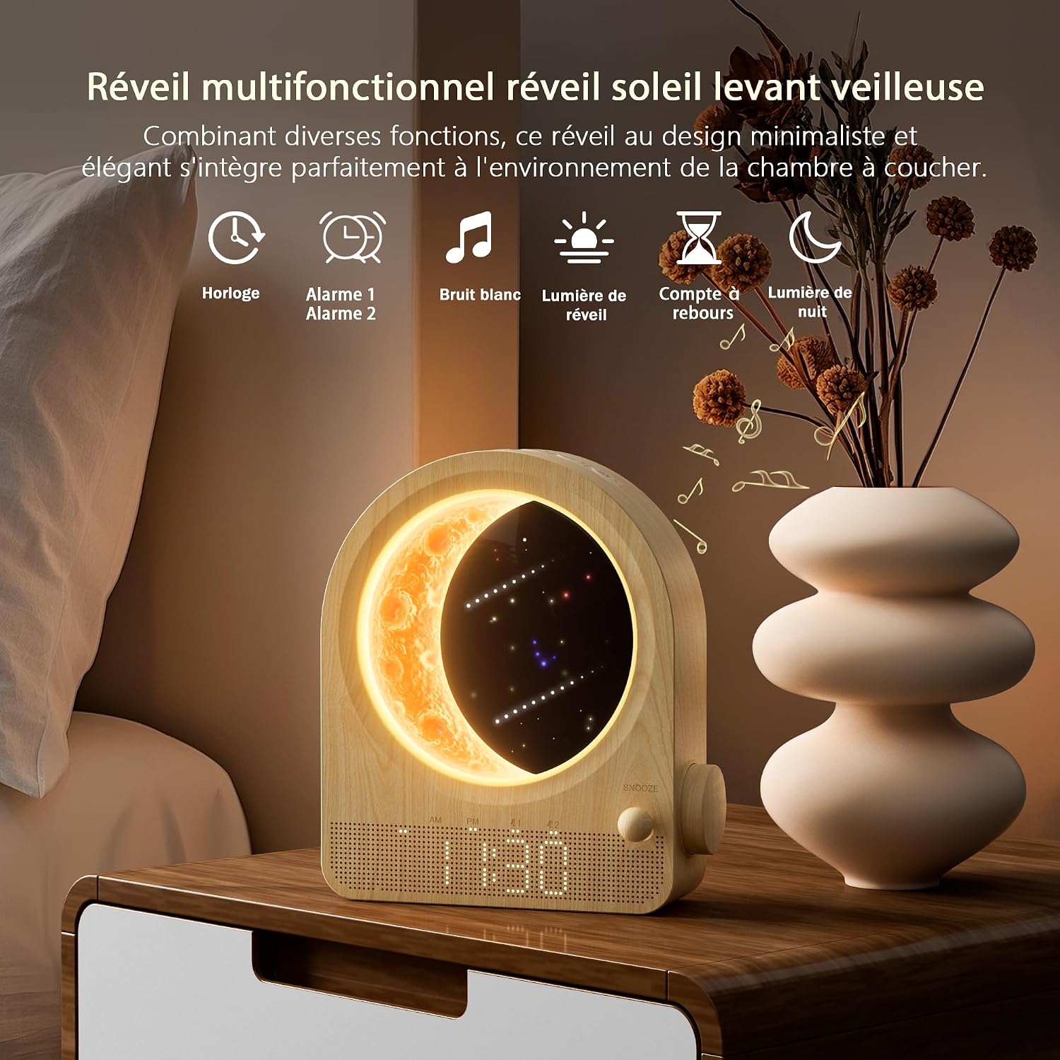 Thumbnail 2 de blonbar Lampe lune avec réveil à lumière du jour – lampe de chevet avec 2 réveils, 10 sons naturels et veilleuse nocturne