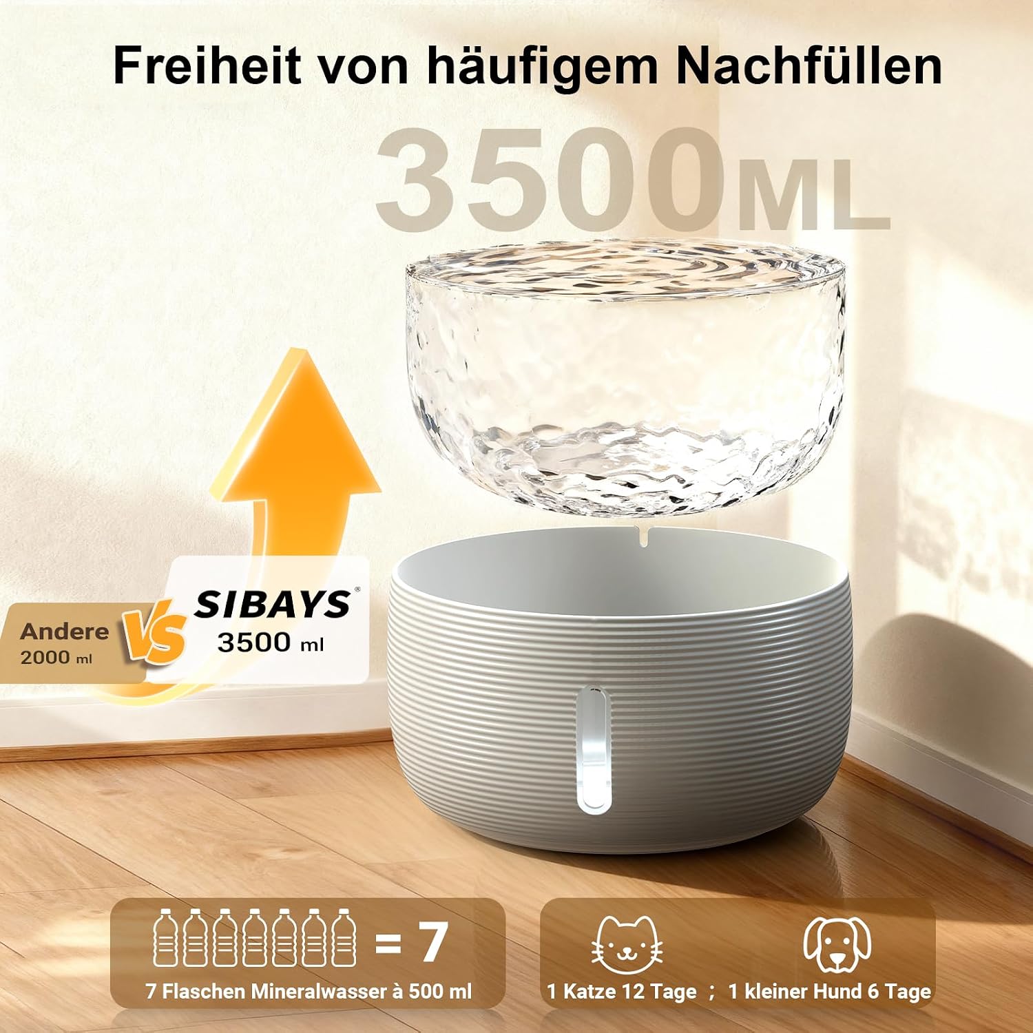 Detalle de SIBAYS Trinkbrunnen für Katze – 3,5 L, leise Pumpe, LED-Fenster und 2 Aktivkohlefilter (FS77, GY)