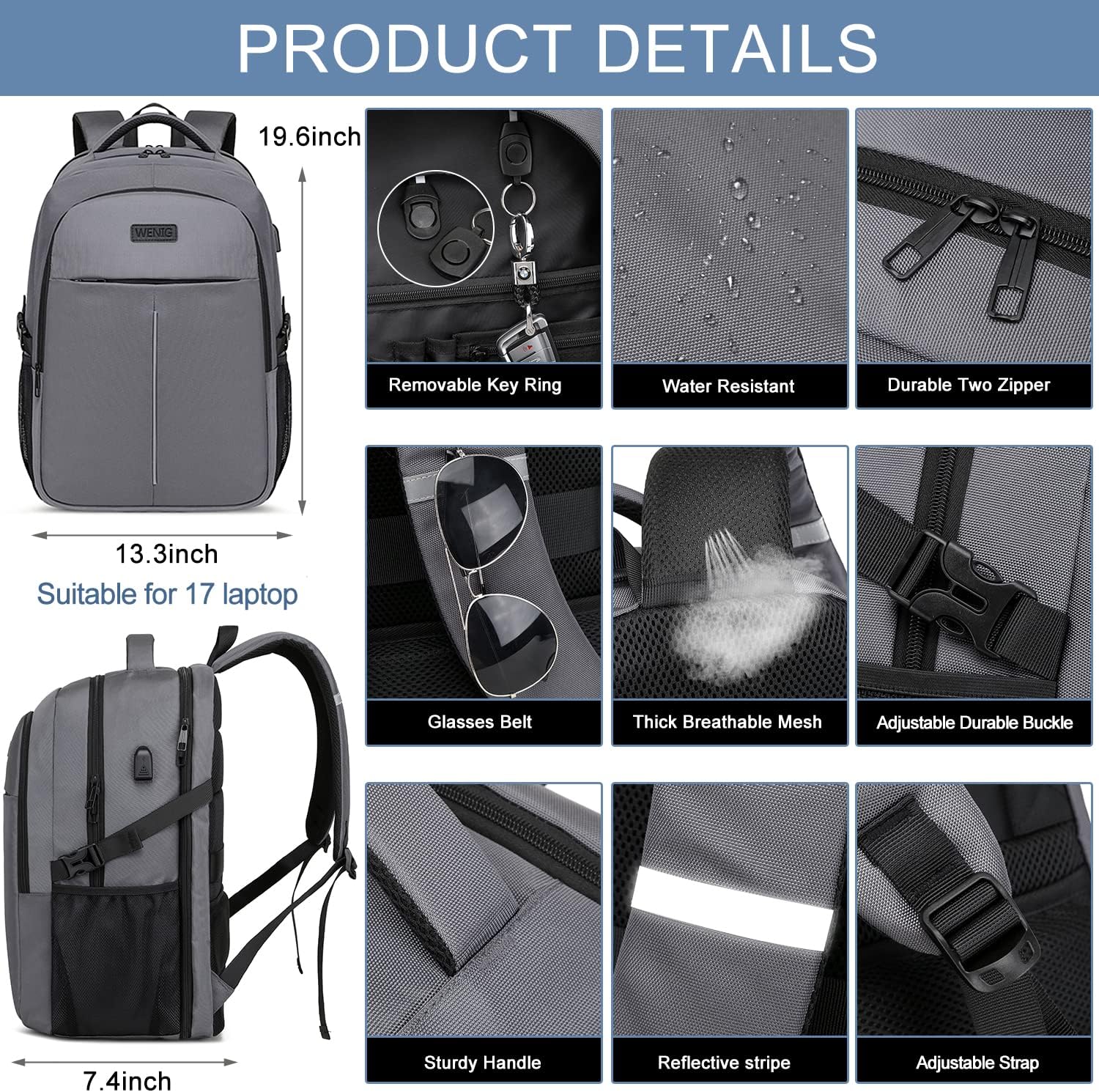 Detalle de Extra Large Rucksack for Men 50L: 17.3-Inch Travel Laptop Backpack with USB Port and Anti-Theft Design