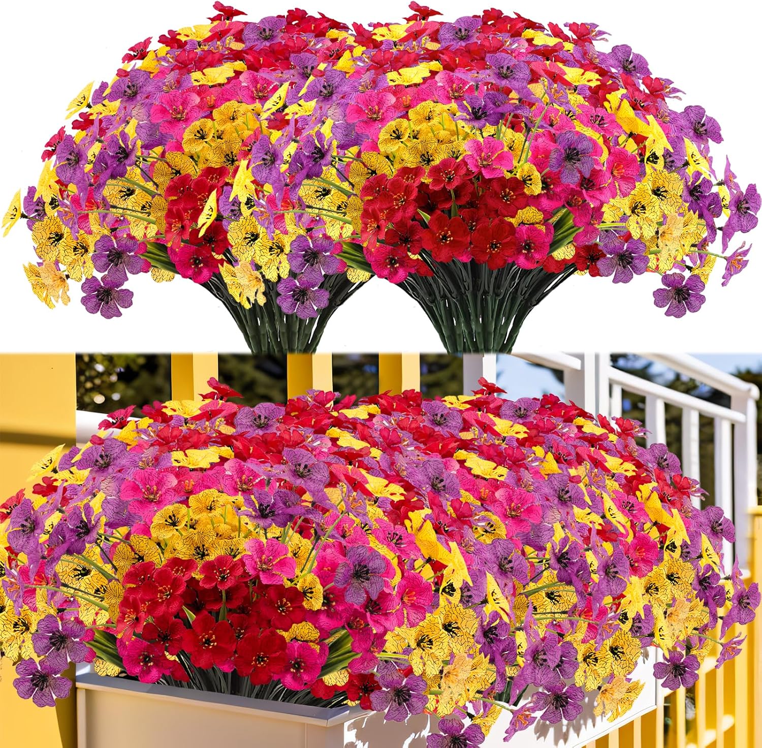 Kinisty Kunstblumen für Außen: 16 Bündel wetterfeste Balkonpflanzen in Farben für das ganze Jahr