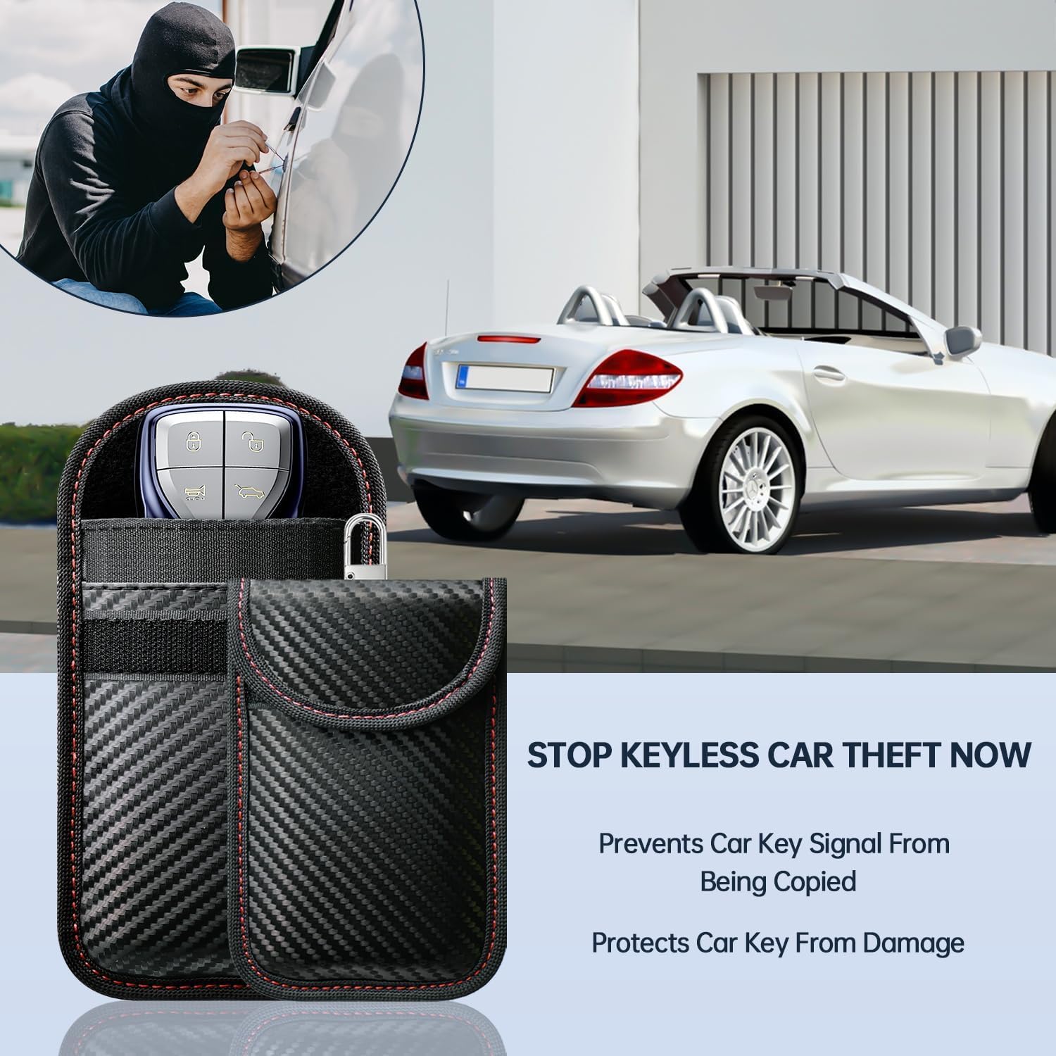Detalle de caslord Keyless Go Schutzhülle für Autoschlüssel (2 Stück) mit RFID-Blocker in Kohlefaser-Optik