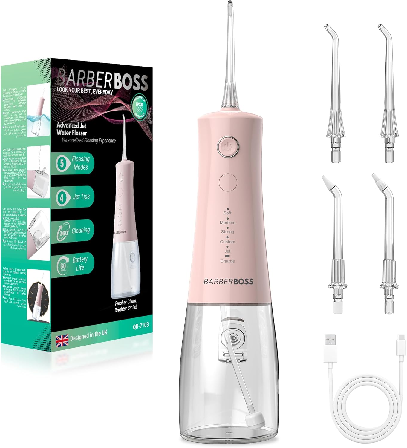 Detalle de BarberBoss Idropulsore Dentale: irrigatore orale wireless con 5 modalità e serbatoio da 340 ml – Rosa Pastello