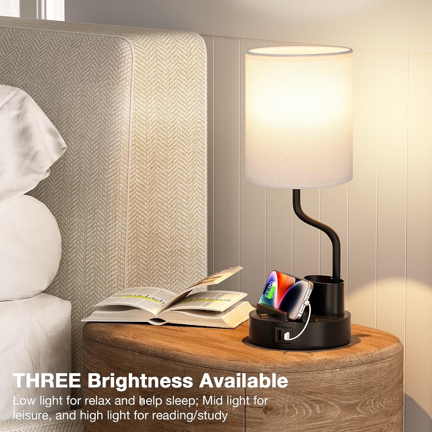 Detalle de Fenmzee Bedside Lamps, Set of 2 with USB-C, AC Outlets and Phone Stands