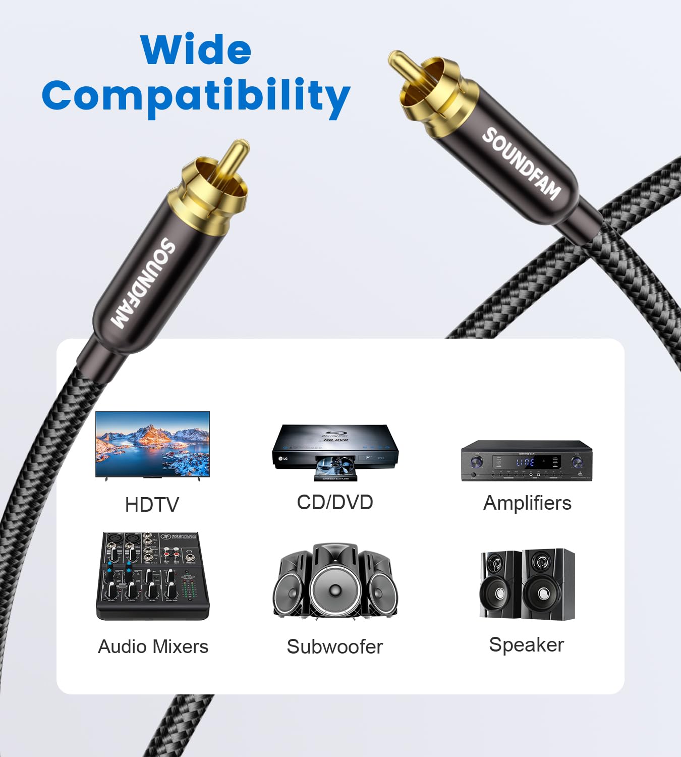 Thumbnail 1 de SOUNDFAM RCA Subwoofer Cable 2M – Gold Plated, Cotton Braided RCA Male to Male