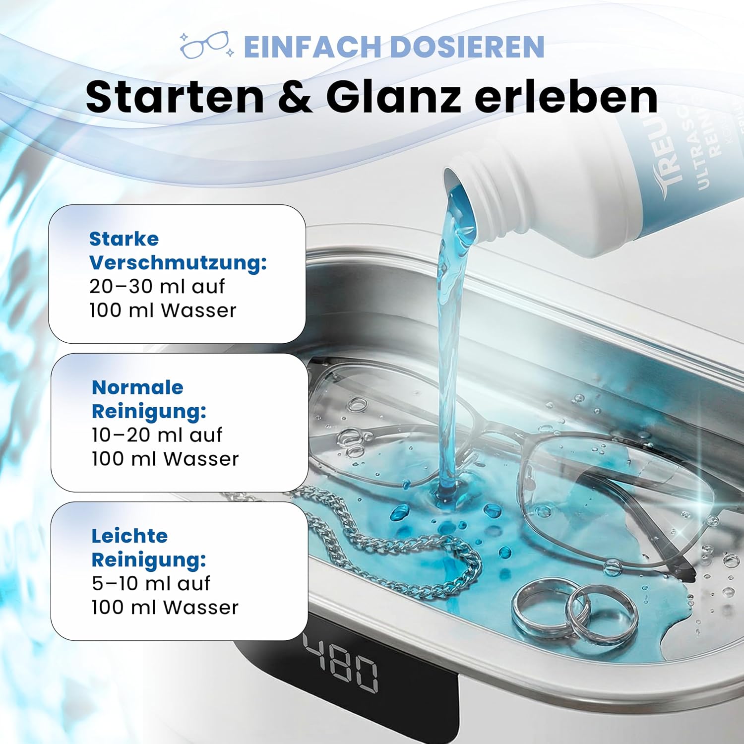 Detalle de Treufix Ultraschallreiniger Konzentrat – Brillen- & Schmuckreiniger, 750 ml, Made in Germany