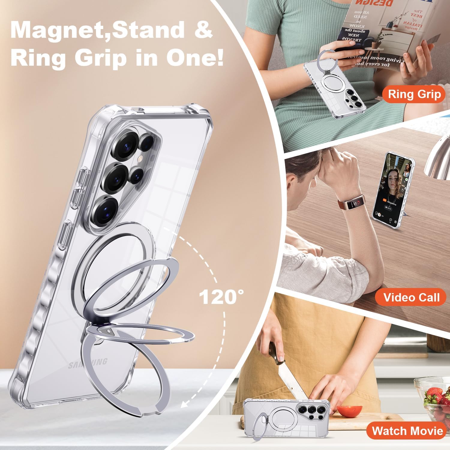 Thumbnail 1 de JQRZAOAK Clear Galaxy S26 Ultra Case with Magnetic Ring Stand — Military-Grade Wave Frame, Mag-Safe Compatible